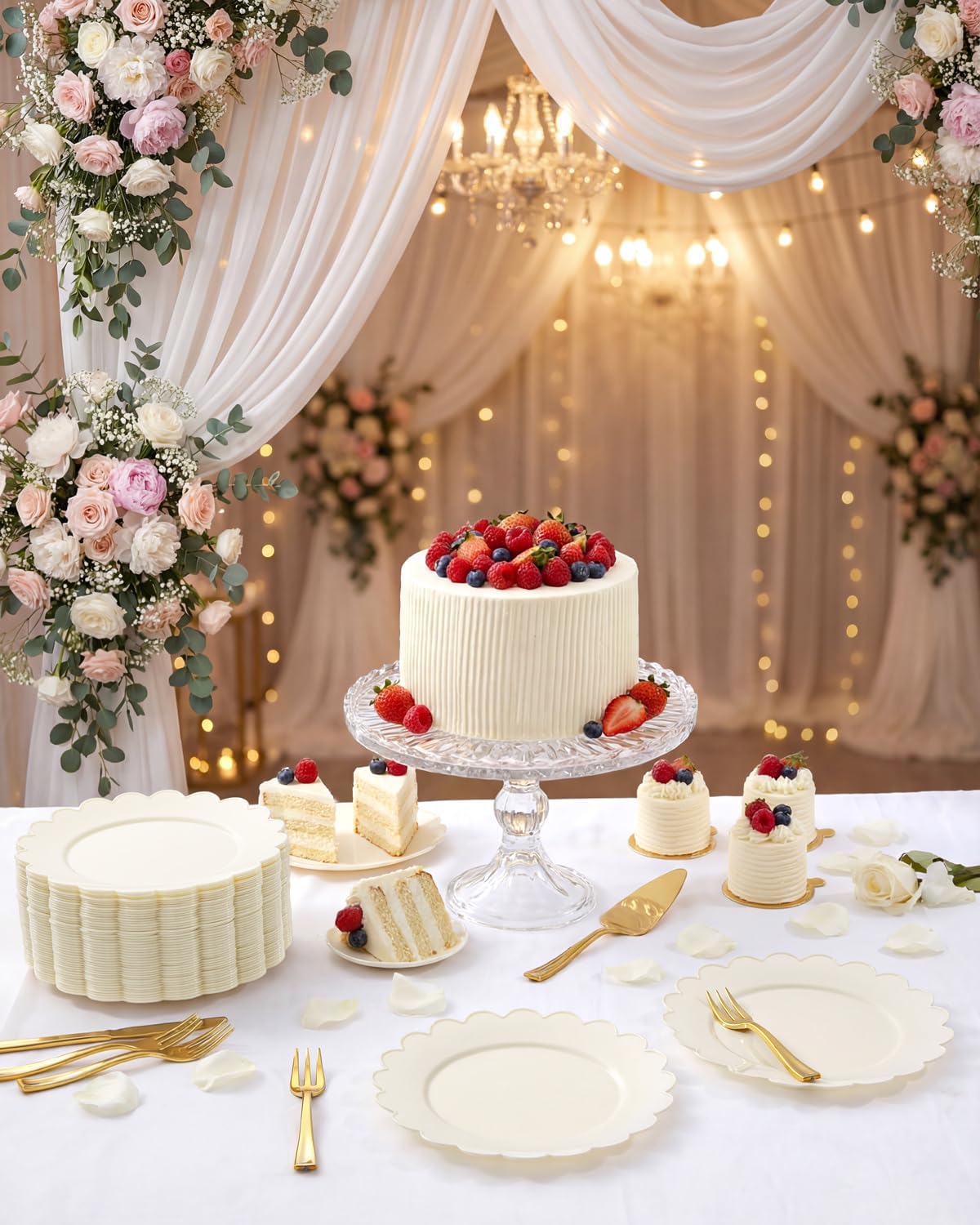 LIYH 200 Pcs Ivory Plastic Plates and Gold Forks- Scalloped Dessert Plate 7.5" Disposable Fancy Plastic Plate, Baby Shower Cake Plates Mother's Party Tableware Dishes Easter Day