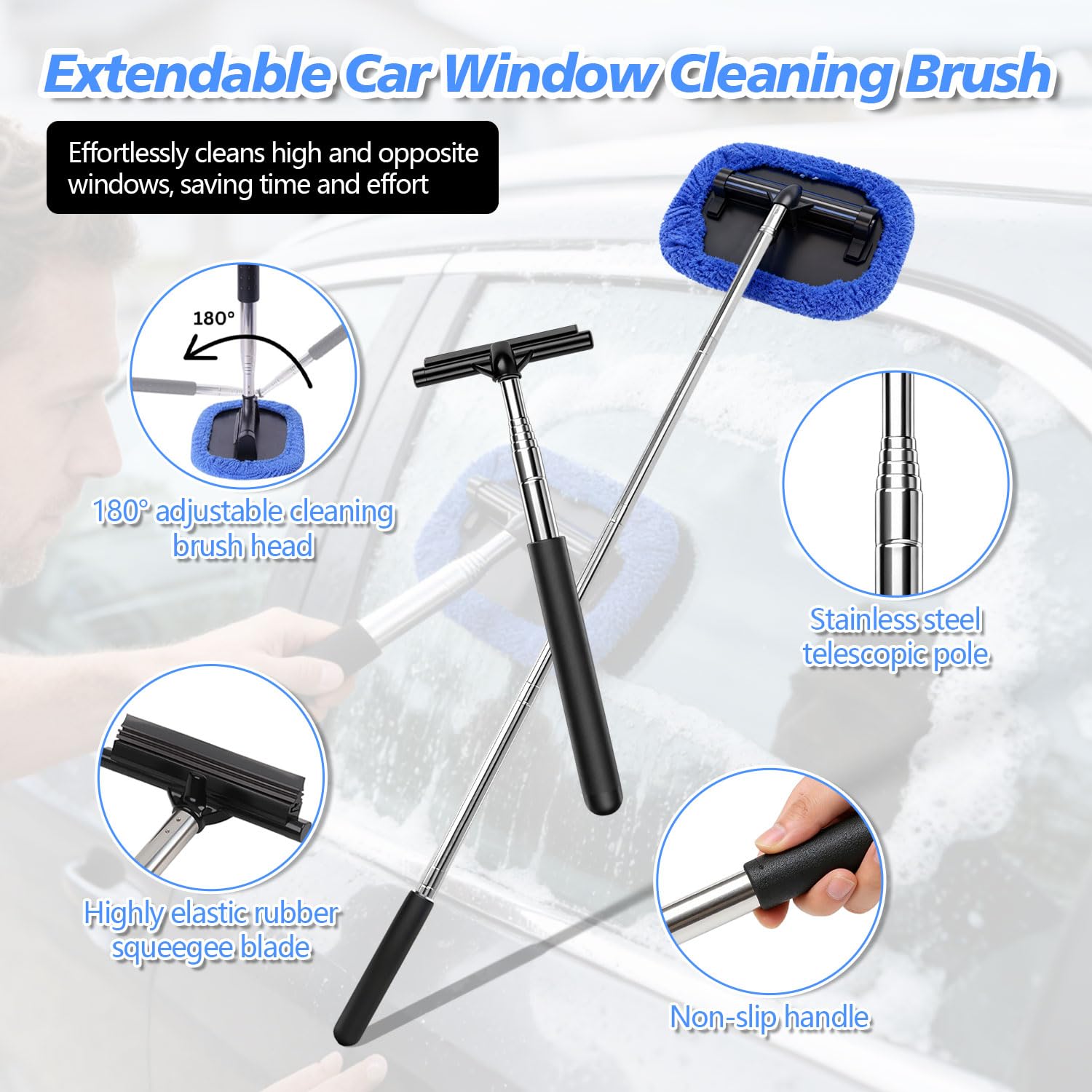 Kit Limpiador para Parabrisas Extensible (22-98.5cm) con Limpiaparabrisas de Inoxidable Cabezal del Limpiar Cristales Coche y Spray Bottle con 4 Paños de Fibra para Limpiar Retrovisores Parabrisas - 4