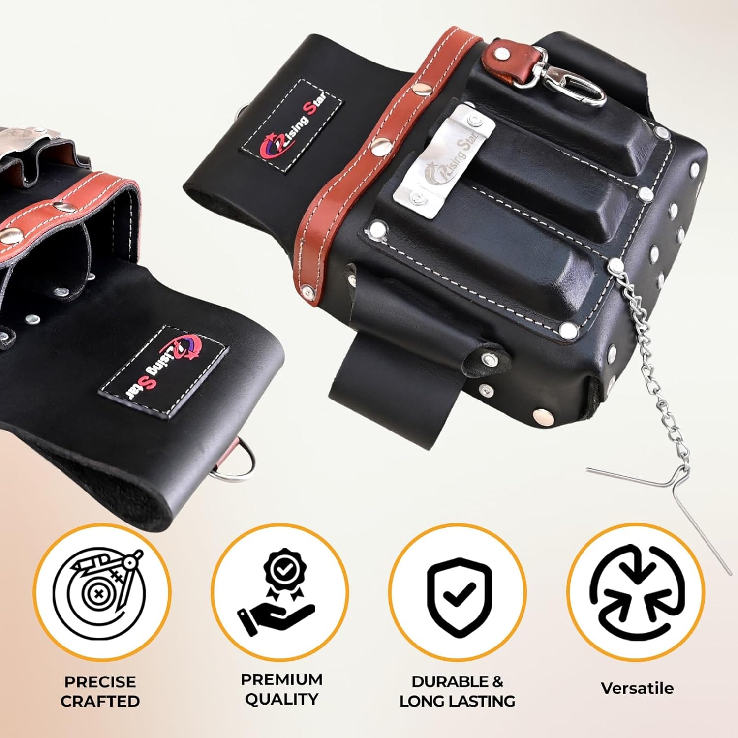 RISING STAR 100% BLACK ELECTRICIAN LEATHER TOOL POUCH WITH ADJUSTABLE BELT, TOOL HOLDER FOR NAILS, HAMMER,WRENCH,PLIERS,TAPE MEASURE,IDEAL TOOL POUCH FOR CRAFTSMEN, CARPENTERS,FARMERS (11 POCKETS)