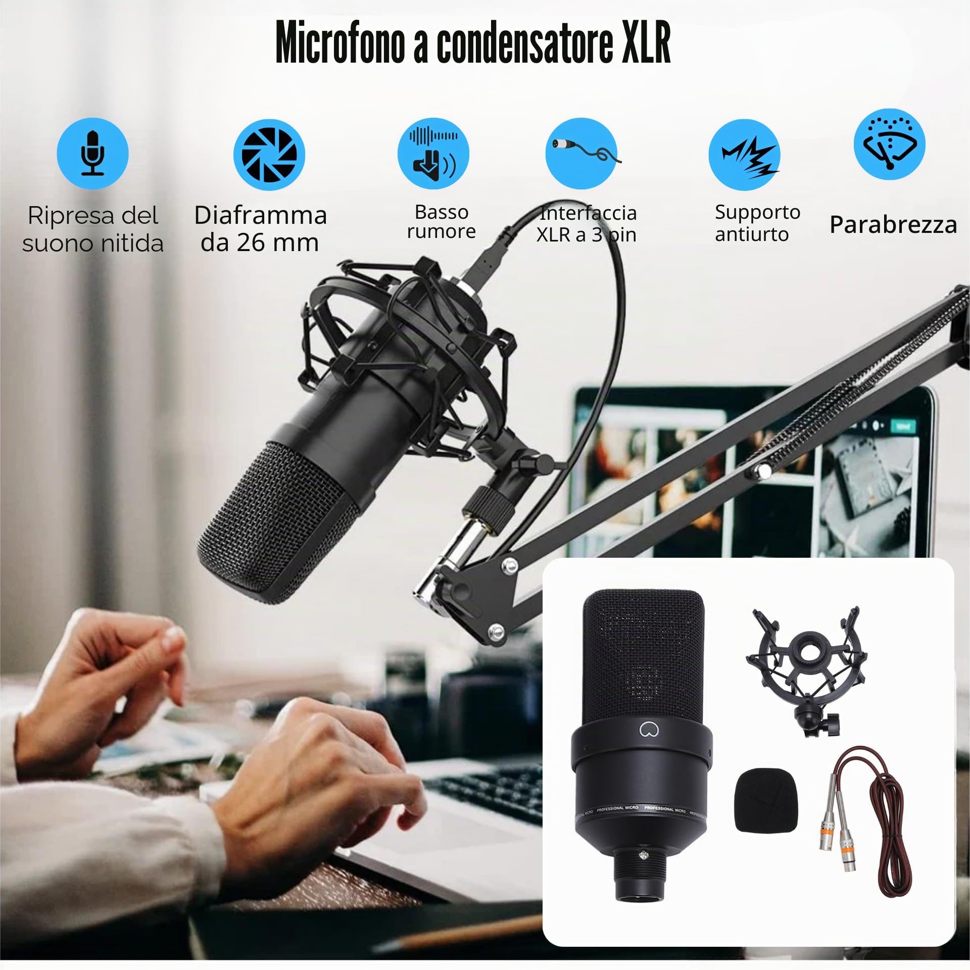 Microfono a condensatore XLR da 26 mm, a grande membrana, con supporto antiurto, uscita XLR e filtro pop per streaming, registrazioni, giochi, produzione musicale