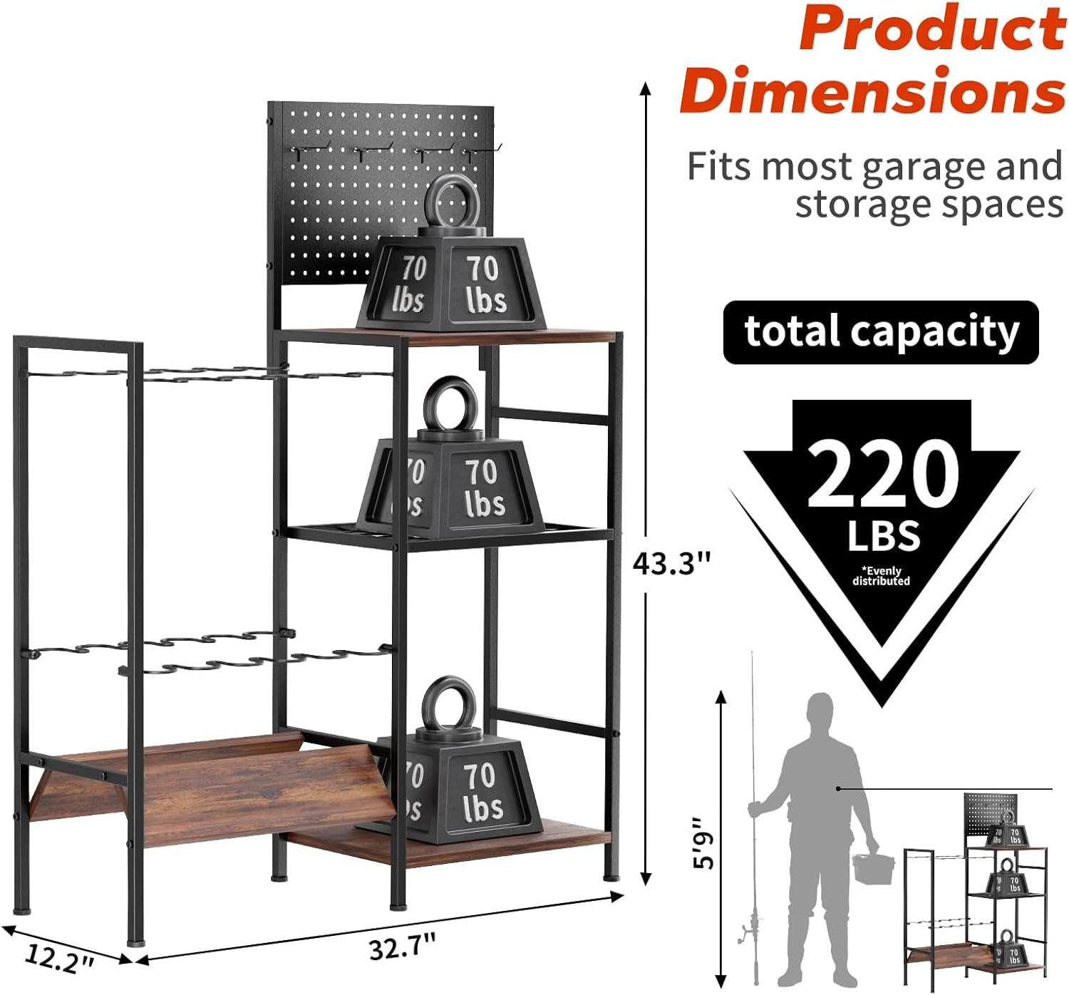 XOOL Fishing Rod Storage Rack for Garage, Holds up to 12 Rods, Heavy Duty Fishing Gear Organizer with Pegboard, 3-Tier Metal Stand with Shelves, Hooks & Accessory Storage