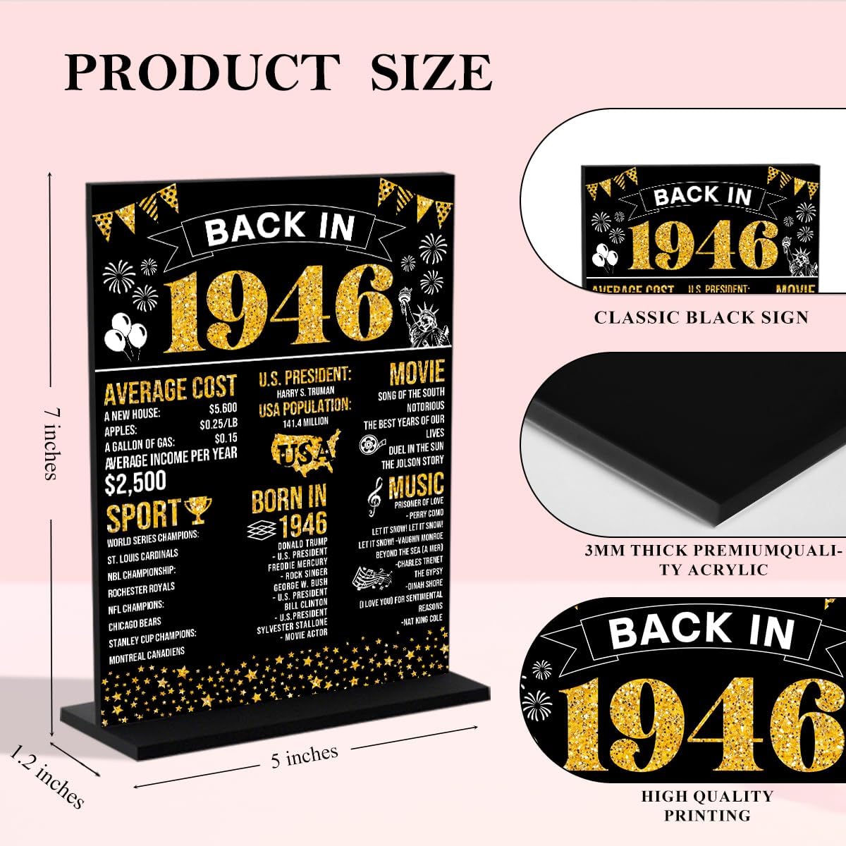 Black 80th Birthday Decorations for Women Man Back In 1946 Black Acrylic Sign 80 Year Old Table Poster With Stand Party Supplies 1946 Birthday Decorations for Display Holder Table - Image 3