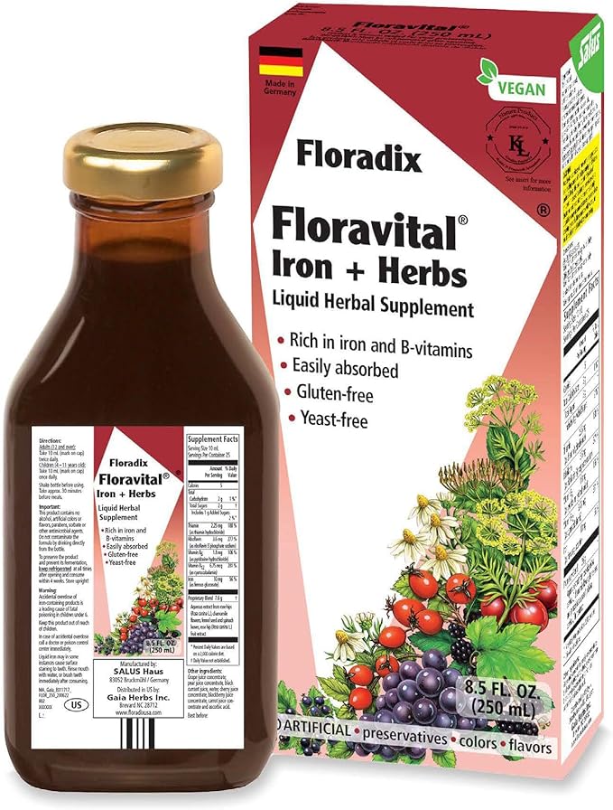 Floradix Floravital Liquid Iron & Vitamin Formula - Liquid Iron Supplement with C & B Vitamins & Herbs for Energy Support - Vegan, Gluten-Free, Yeast-Free & Non-GMO - 8.5 Fl Oz