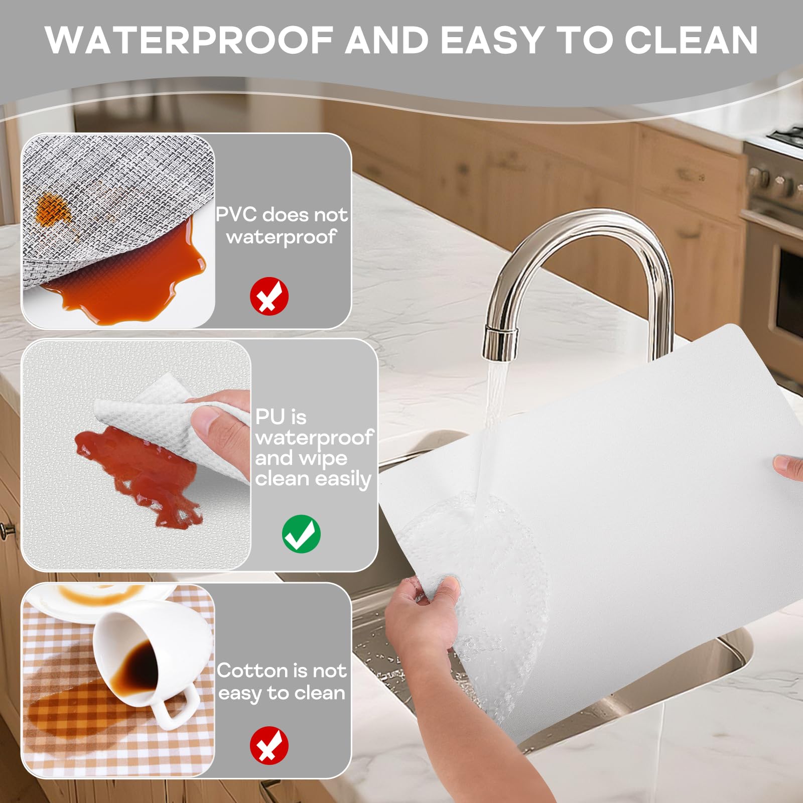 Juego de 6 Manteles Individuales y 6 Posavasos, PVC Antideslizantes Salvamanteles Individuales Lavables, Resistente Al Calor Manteles para Mesa de Comedor, 43 x 30 CM (Blanco)