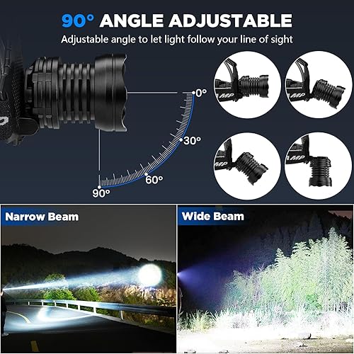 Miniatura 5 de Linterna frontal recargable, 3000 lúmenes, lámpara LED súper brillante con 5 modos de iluminación, recargable por USB, ajustable a 90, impermeable,