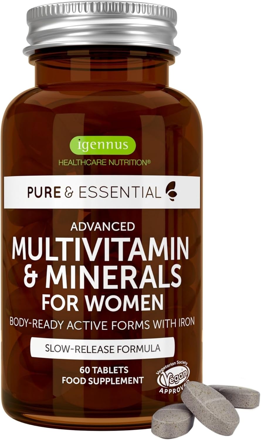 Igennus Methylated Women’s Multivitamin with Gentle Iron, 21 Active Nutrients, Pure & Clean, All Day Nutrient Delivery, High Strength B-Vitamins, Easy-to-Swallow, 60 Vegan Tablets, 30 Servings