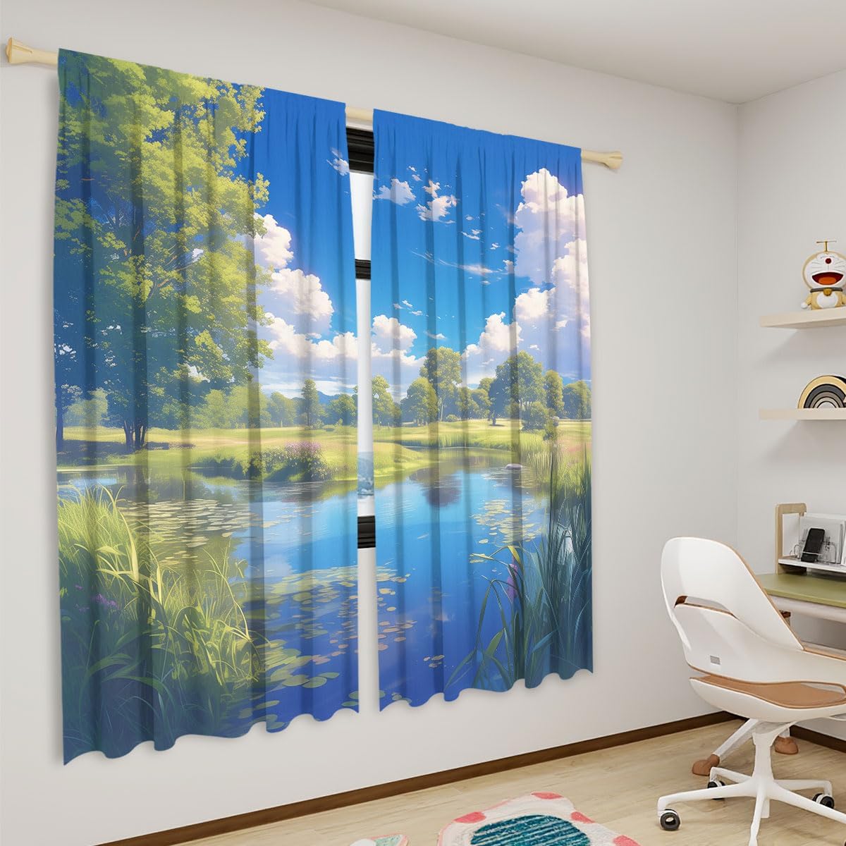 Japanese Anime Blackout Curtains for Girls Boy Home Decor, Sunny Pond Meadow Natural Scenery Rod Pocket Thermal Insulated Drapes Darkening Window Curtain for Bedroom Living Room, 42 x 63 Inch