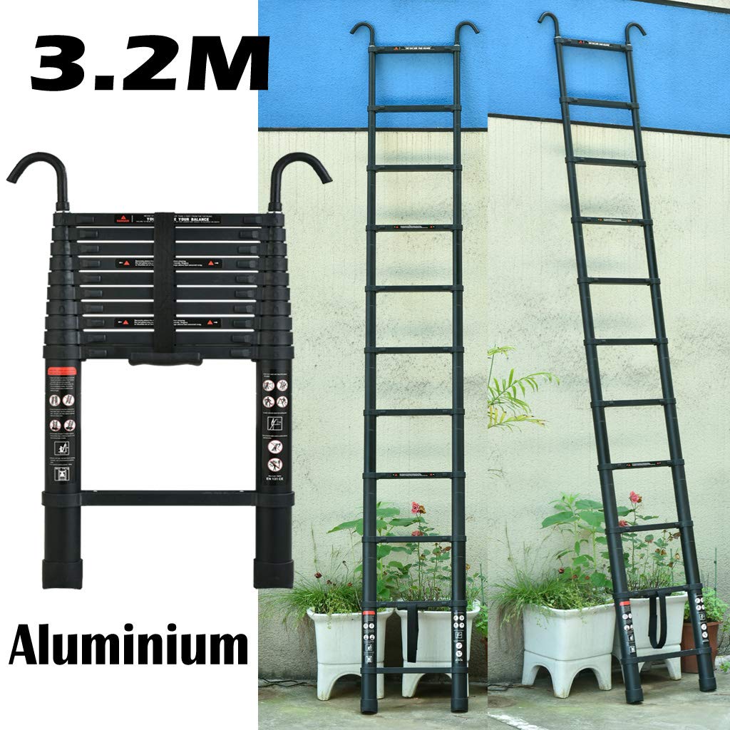 AutoFu 3,2m Zusammenklappbare Leitern mit 2 Abnehmbaren Haken Mehrzweck-Teleskopleiter aus Aluminium, Teleskopierbare Auszugsleiter Kleine Leiter Aluminum Extension Ladder Max. Belastung 150kg/330lbs