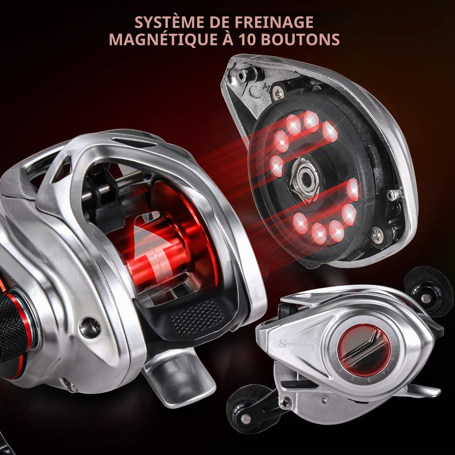 Sougayilang Max Baitcasting Moulinet de pêche 8.0:1 à haute vitesse en fibre de carbone 8,2 kg avec système de freinage magnétique pour la pêche en eau douce et salée