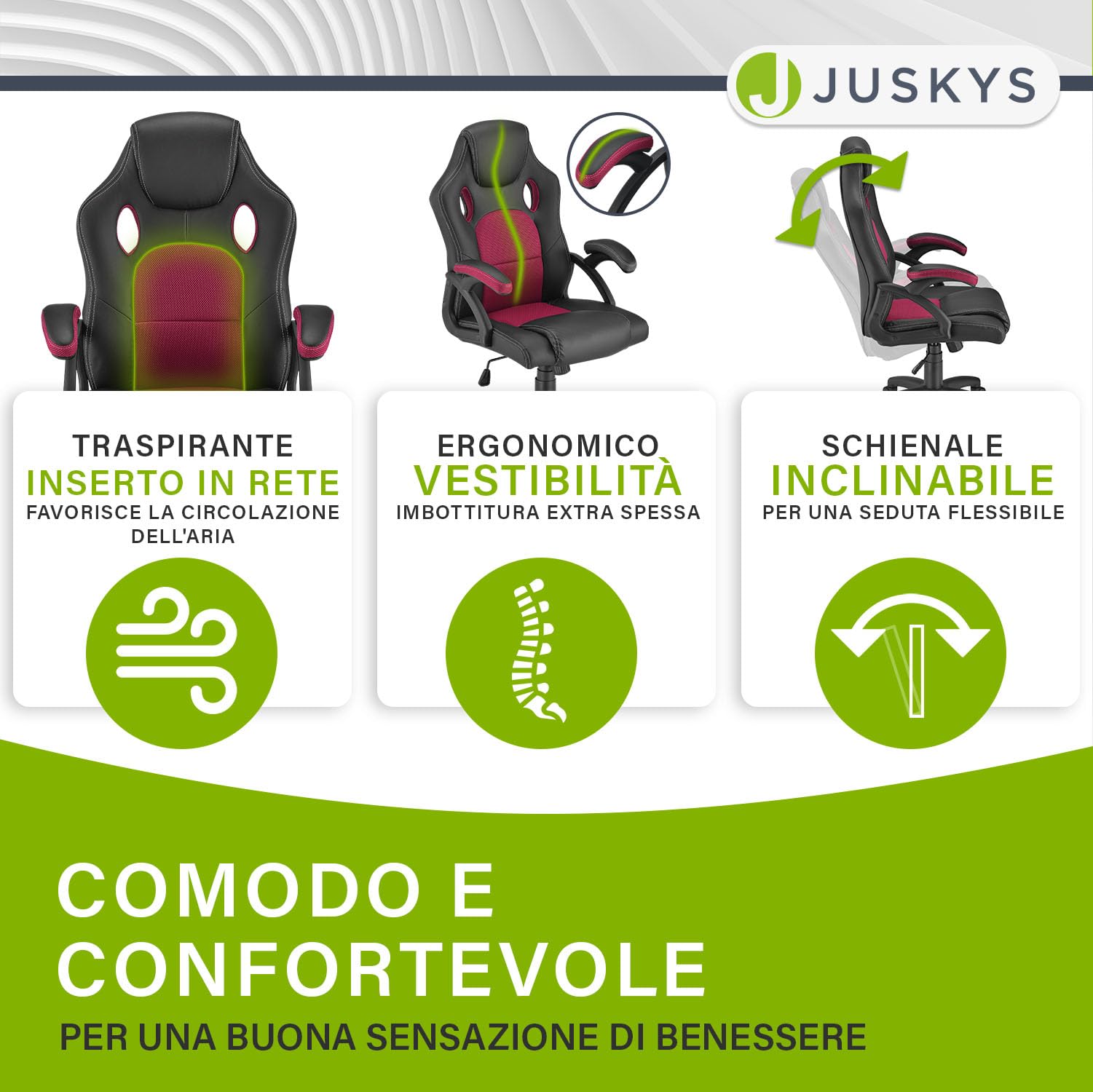 Juskys Sedia racing da scrivania Montreal bordeaux | Braccioli imbottiti e schienale ergonomico | Sedia da ufficio Sedia girevole Sedia da gaming