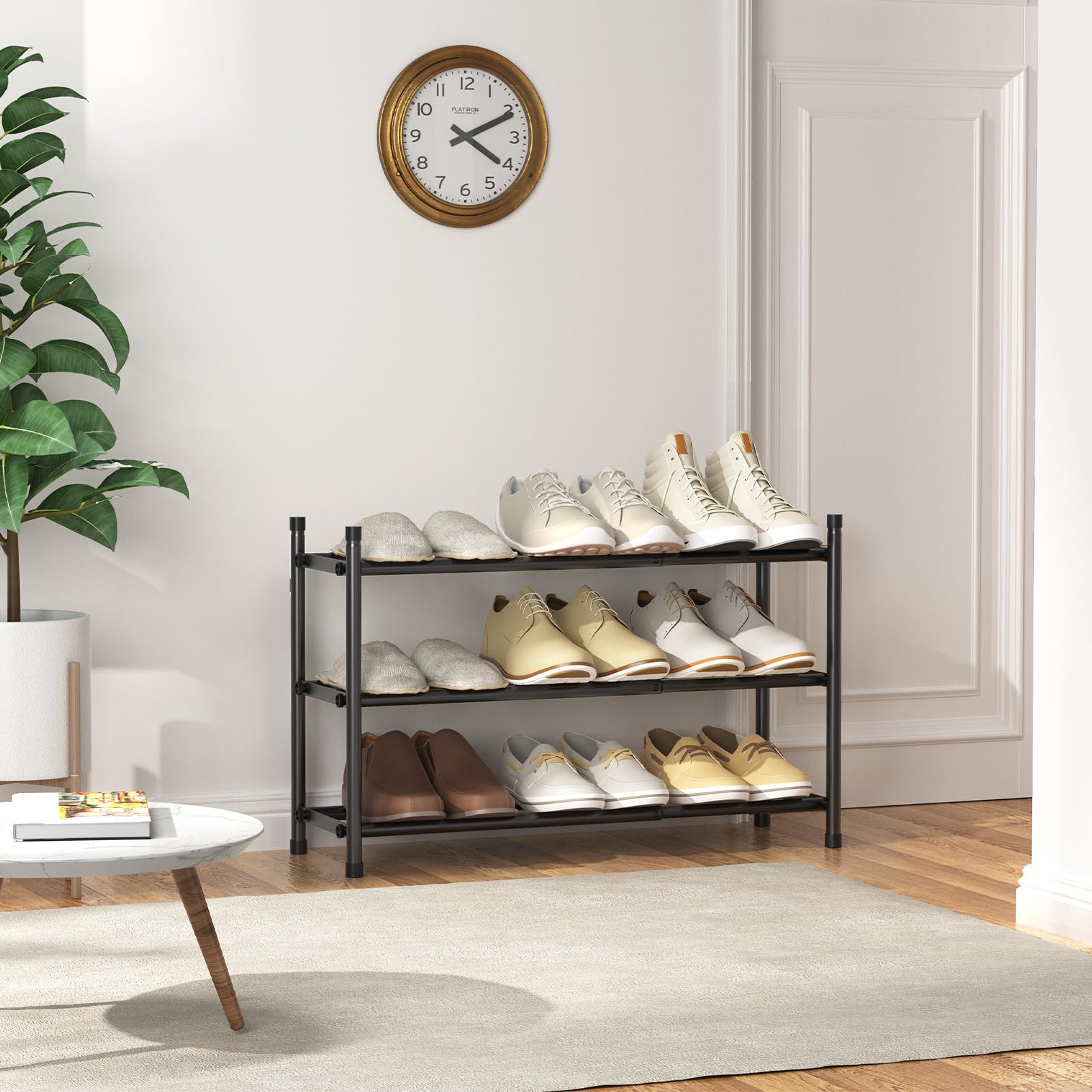 Zapatero expandible, zapatero de 3 niveles para armario, estante organizador de zapatos de metal ajustable apilable, estantes pequeños para entrada de puerta delantera, entrada (negro) 7