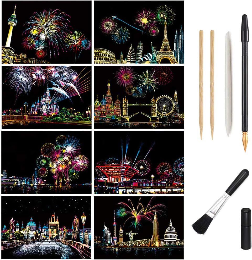 Scratch Art Paper, Rainbow Night View Scratchboard Pads for Adults and Teens, Mini Envelope Postcard Art & Crafts Set: 8 Sheets Scratch Cards & Drawing Pen, Clean Brush 7.9"x5.5"(Fireworks/Building)