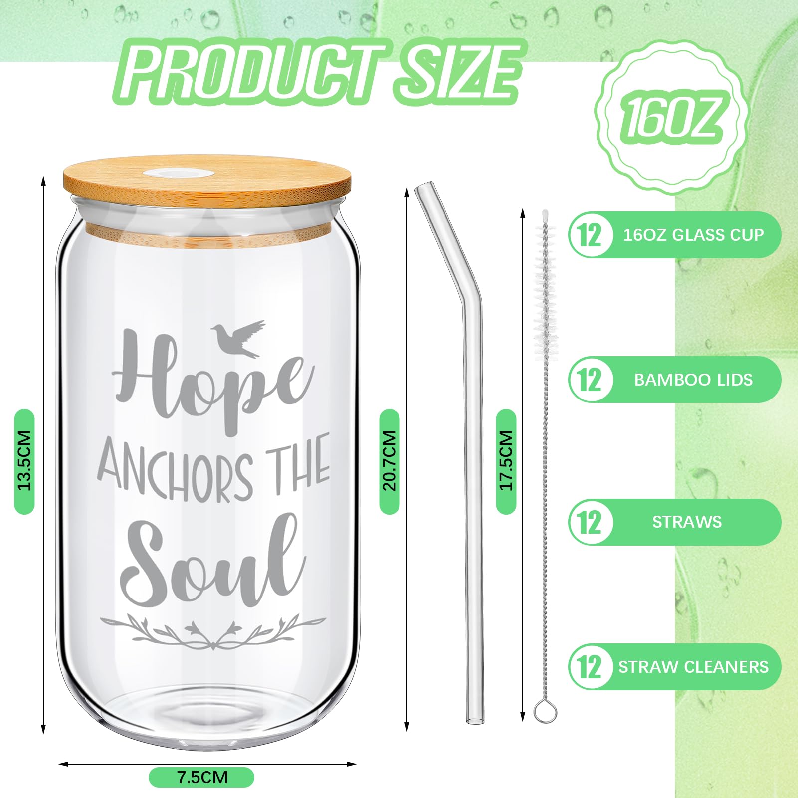 Suttmin 12 Pcs Christian Coffee Cups Bulk Fathers Day Church Gift Christian Gift Religious Glass Cups 16 oz Coffee Glasses with Bamboo Lid and Glass Straw Drinking Jar Birthday Gifts for Men(Cute)