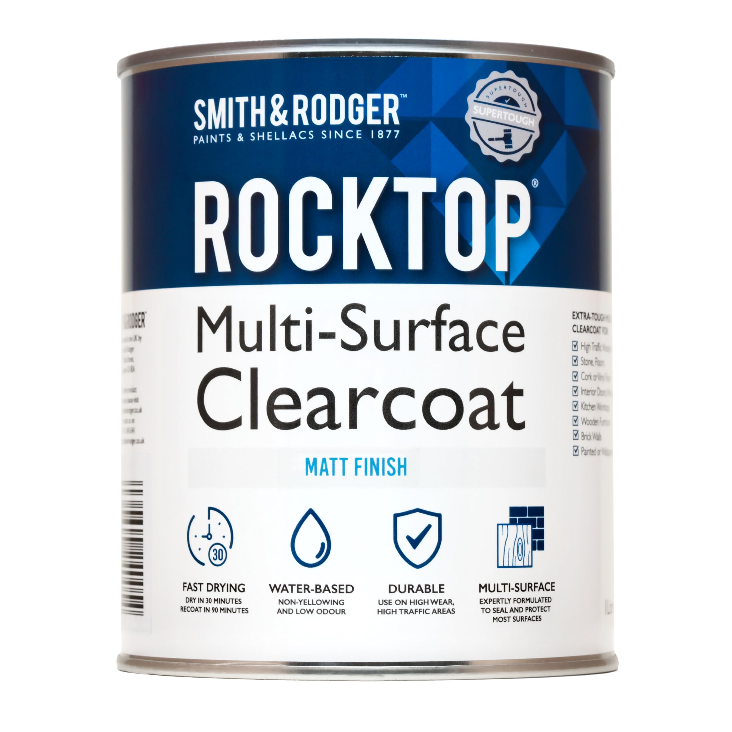 Smith & Rodger Rocktop Multi-Surface Clearcoat, Matt Finish, Water-Based, Fast-Drying, 1 Litre