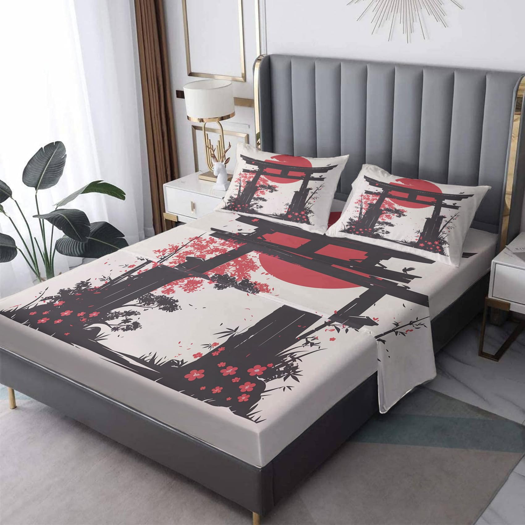 Zvynqour - Queen Size Sheet Set, Japanese Torii Gate Sheet Set, Japanese Style Fitted Sheets with Deep Pocket, Flat Sheets & Pillowcases, 4 Piece Set, Clothing