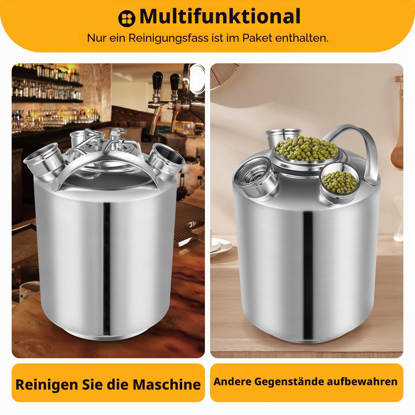 Edelstahl Reinigungsfass für Bierleitung, 10L Kapazität, inklusive A- und S-Typ Fass-Speere, geeignet für Zapfanlagen und andere Reinigungszwecke