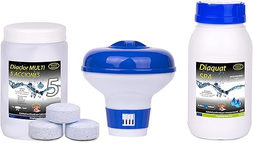 Kit Cloro Piscinas Pequeñas DIACLOR Multi 5 ACCIONES 500 GR (Pastillas 20 GR) SIN Cobre + Antialgas DIAQUAT SPA 500 ML + DOSIFICADOR