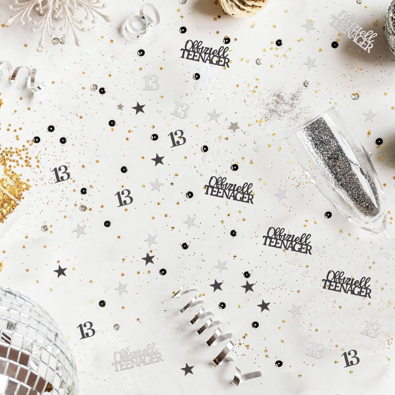 Pack of 100 13th Birthday Boy Girl Decoration Confetti Official Teenager Glitter Table Decoration 13 Years 13 Years Old Children Confetti Black Gold Silver Birthday Decoration Gifts (Black