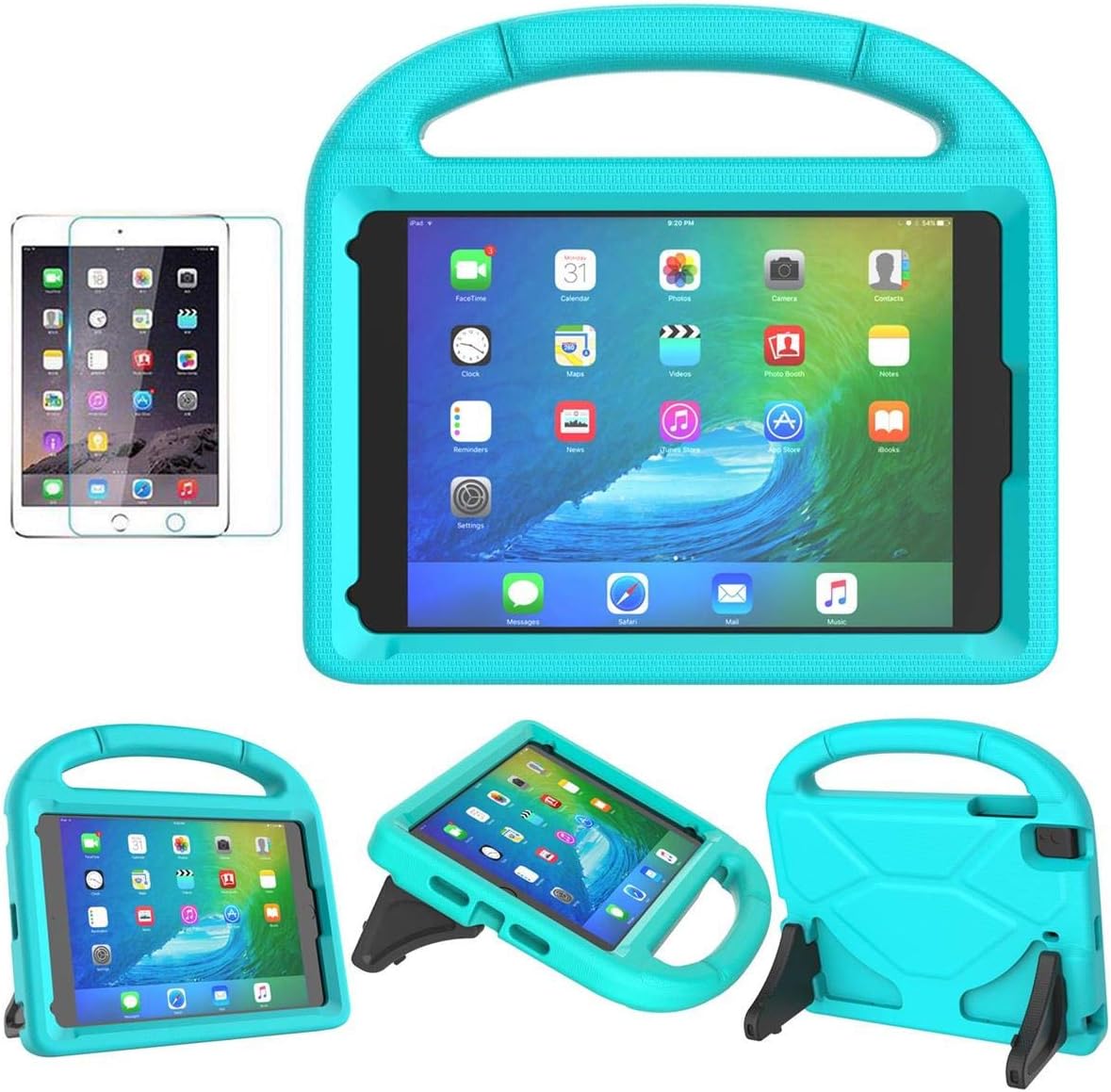 SUPLIK Kids Case for iPad mini 5/4/3/2/1 (7.9"), Durable Shockproof Handle Bumper Stand Cover with 2*Screen Protectors for 7.9 inch Apple iPad mini 5th/4th/3rd/2nd/1st Generation, Cyan