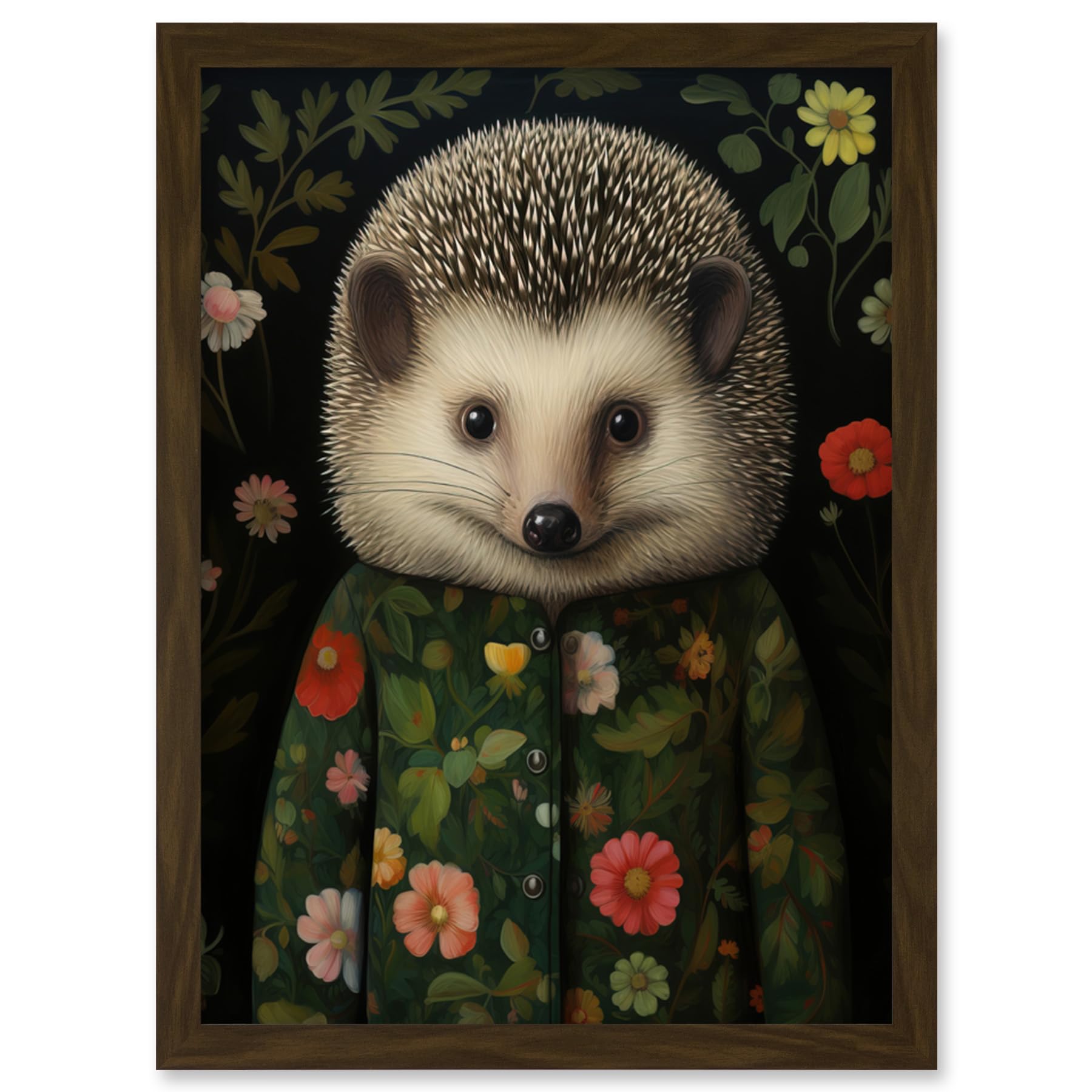 Artery8 Hedgehog in Hedgerow Floral Jacket Cute Kids Bedroom Artwork Framed Wall Art Print A4