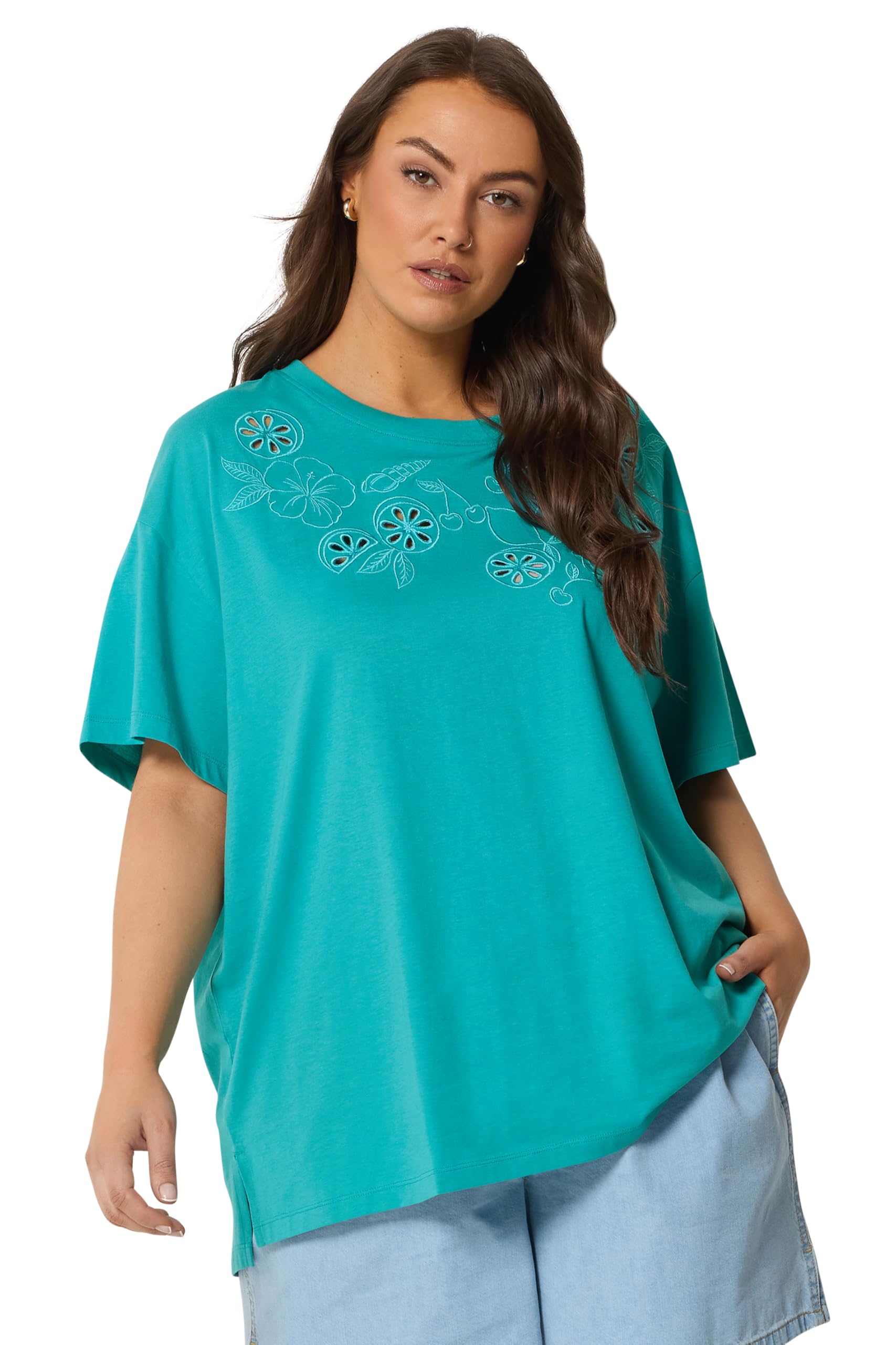 Yours Women's Turquoise Embroidered Fruit T-Shirt In | Size: 22-24