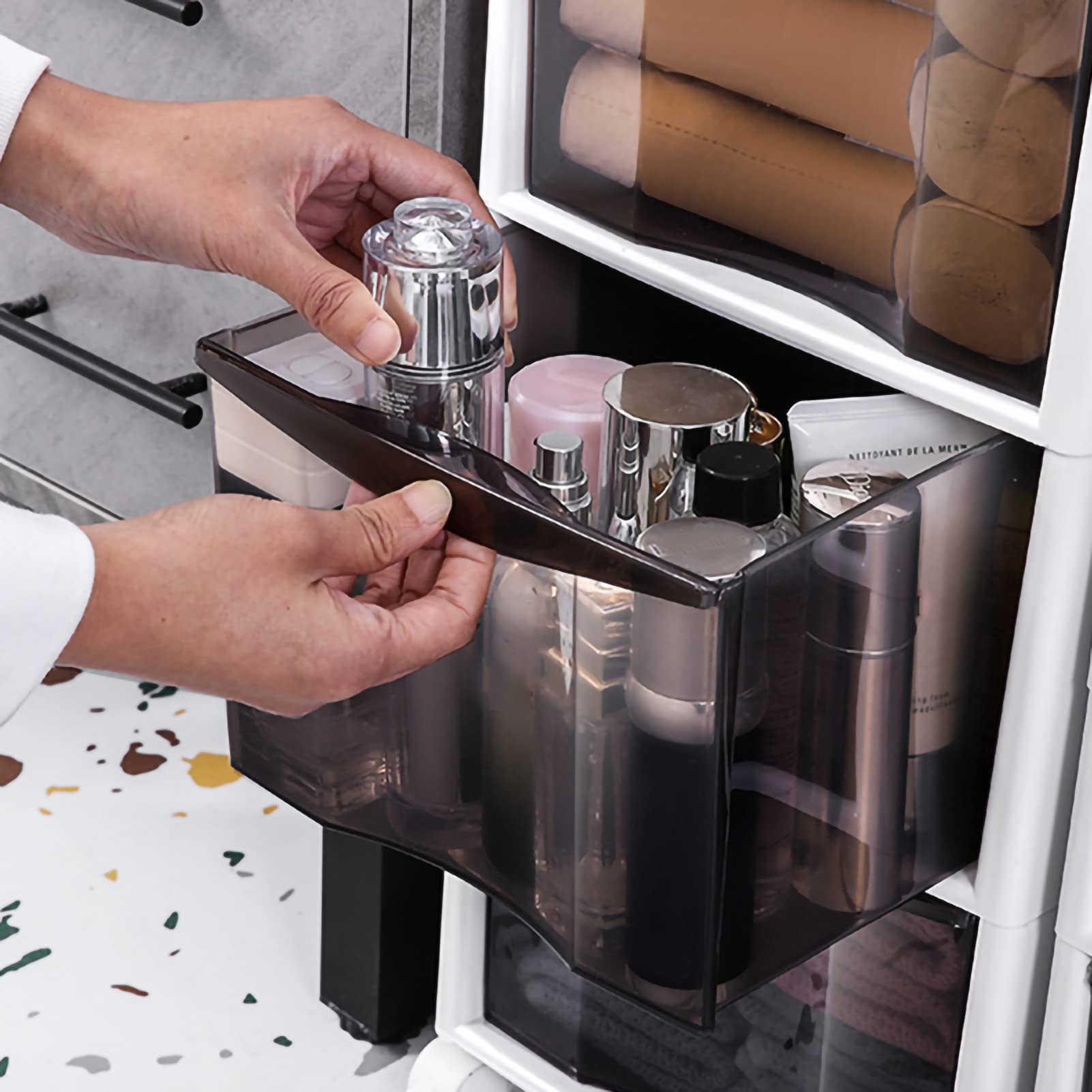 Cajones de almacenamiento apilables Gabinete de almacenamiento de baño Delgado con ruedas, Gabinete de piso de baño con ruedas angosto con cajón deslizable, Portarrollos
