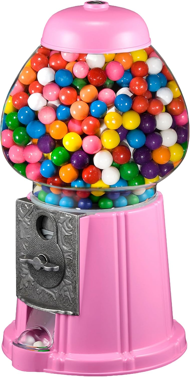 11-Inch Mini Gumball Machine - Vintage Candy Dispenser with Glass Globe, Metal Base, and Free Spin Coin Mechanism by Great Northern Popcorn (Pink)