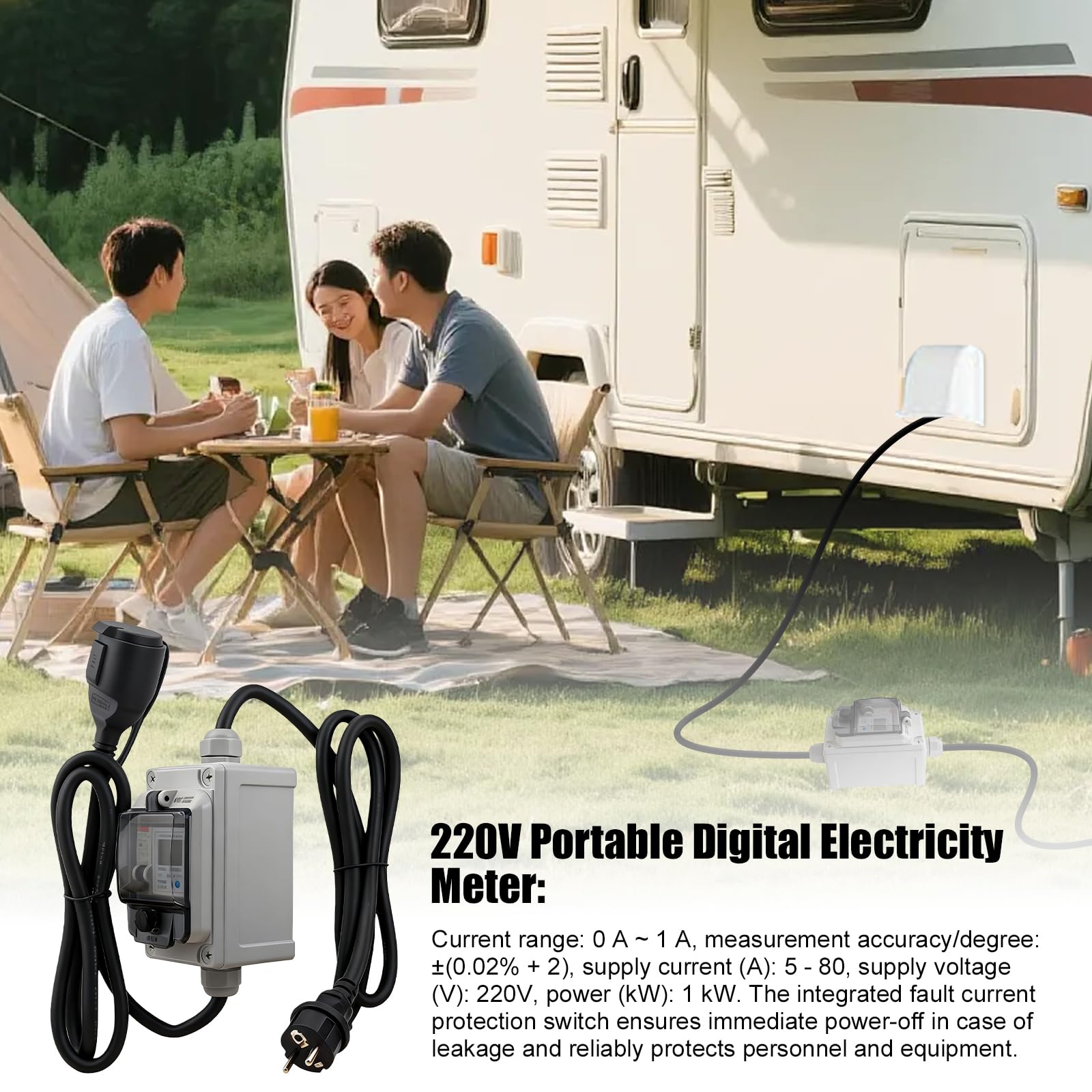 Medidor de corriente digital móvil 230 V 16 A, IP67 resistente al agua para exteriores con interruptor de protección FI, contador intermedio de corriente con enchufe y acoplamiento para autocaravanas