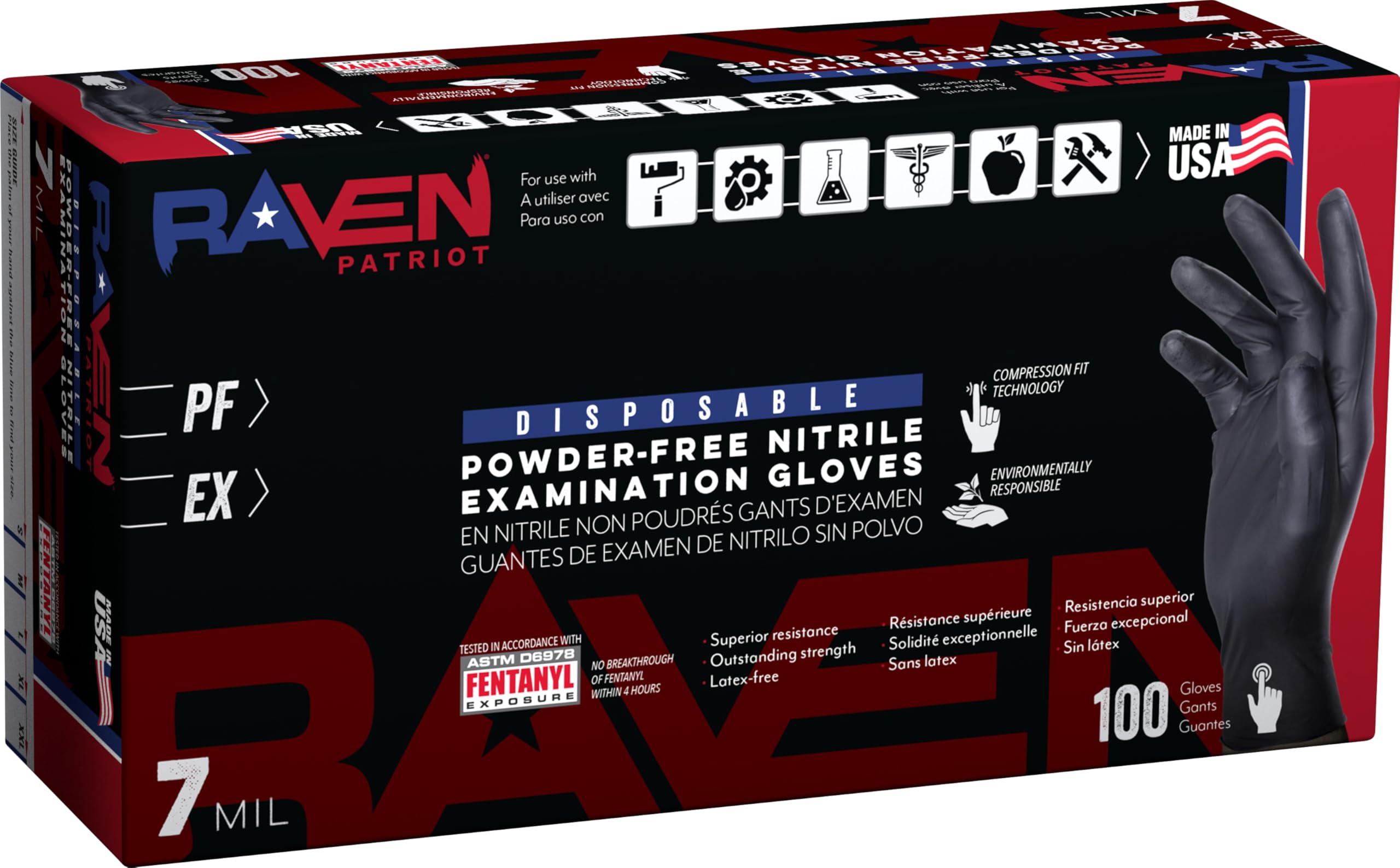 SAS Raven Patriot Powder-Free Nitrile Disposable Gloves | 7 Mil - 2XL | Black, Box of 100| Latex Free, Compression Fit, Textured Grip | Paint, Automotive, Industrial, Janitorial, Food Service