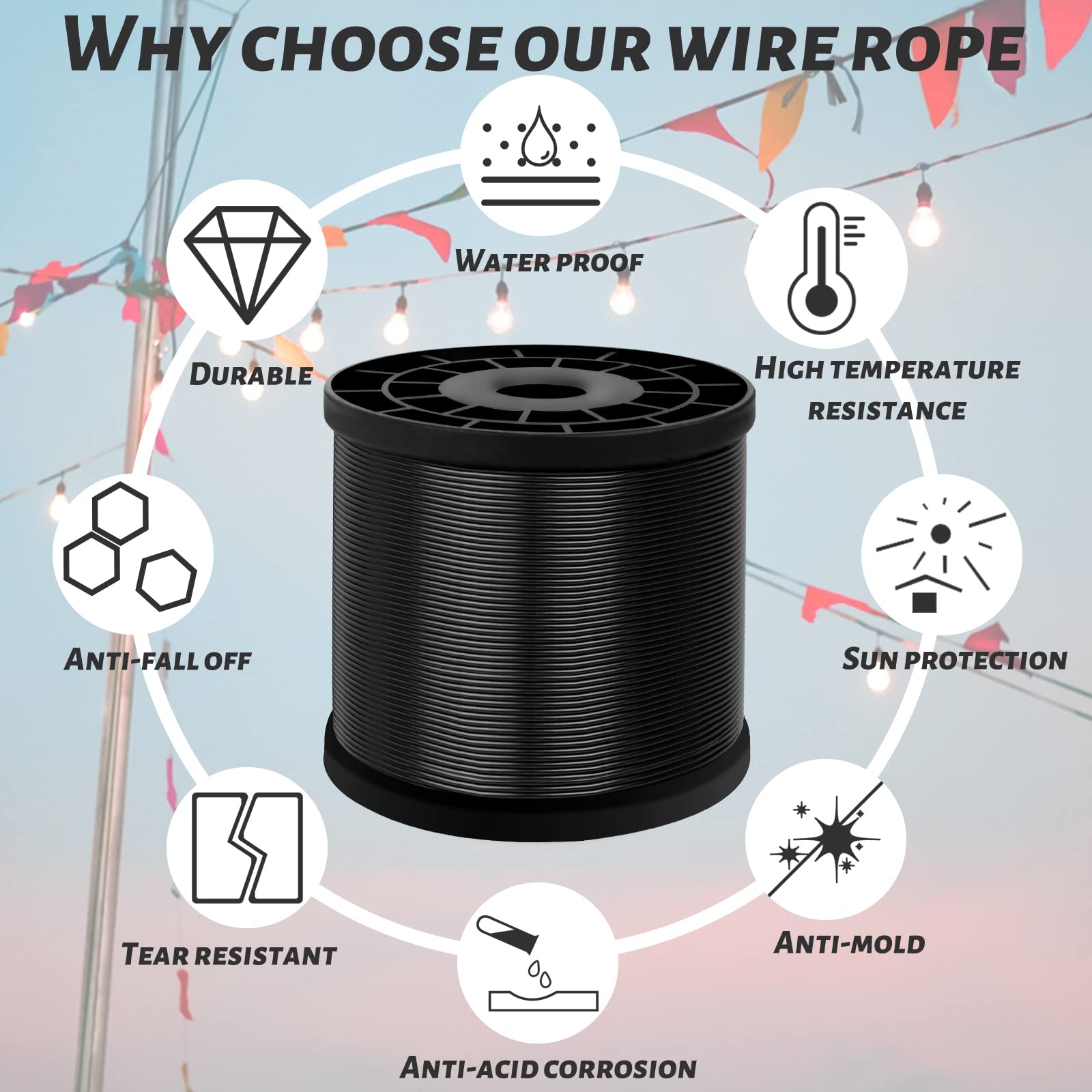 TOYELIU 304 Stainless Steel Nylon Coated Wire Rope, 1/16-3/32 Inch, Outdoor Light Guide Wire (400ft - View #9