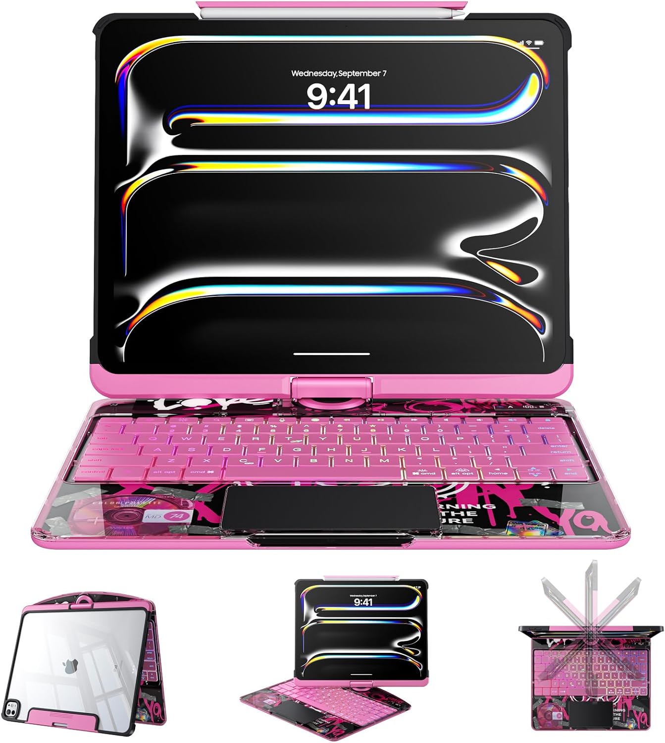 Clear Case with Keyboard for iPad Pro 13 Inch (M5/M4, 2025/2024), 360°+180° Rotating iPad Keyboard, LCD Display, Pencil Holder, 7-Color Backlit, Multi-Touch Trackpad, Pink