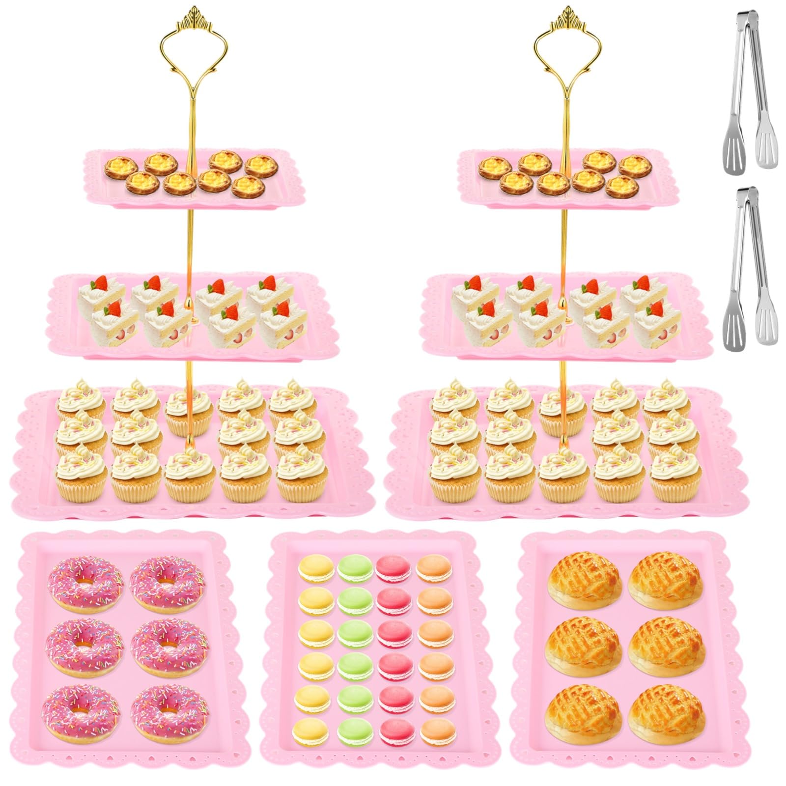 YOFAPA 7 Pcs Cupcake Stand Set, Pink Table Dessert Display Set, Including 2 Pcs 3-Tier Cupcake Stands, 3 Appetizer Trays, and 2 Serving Tongs, Cupcake Serving Towers for Party, Wedding