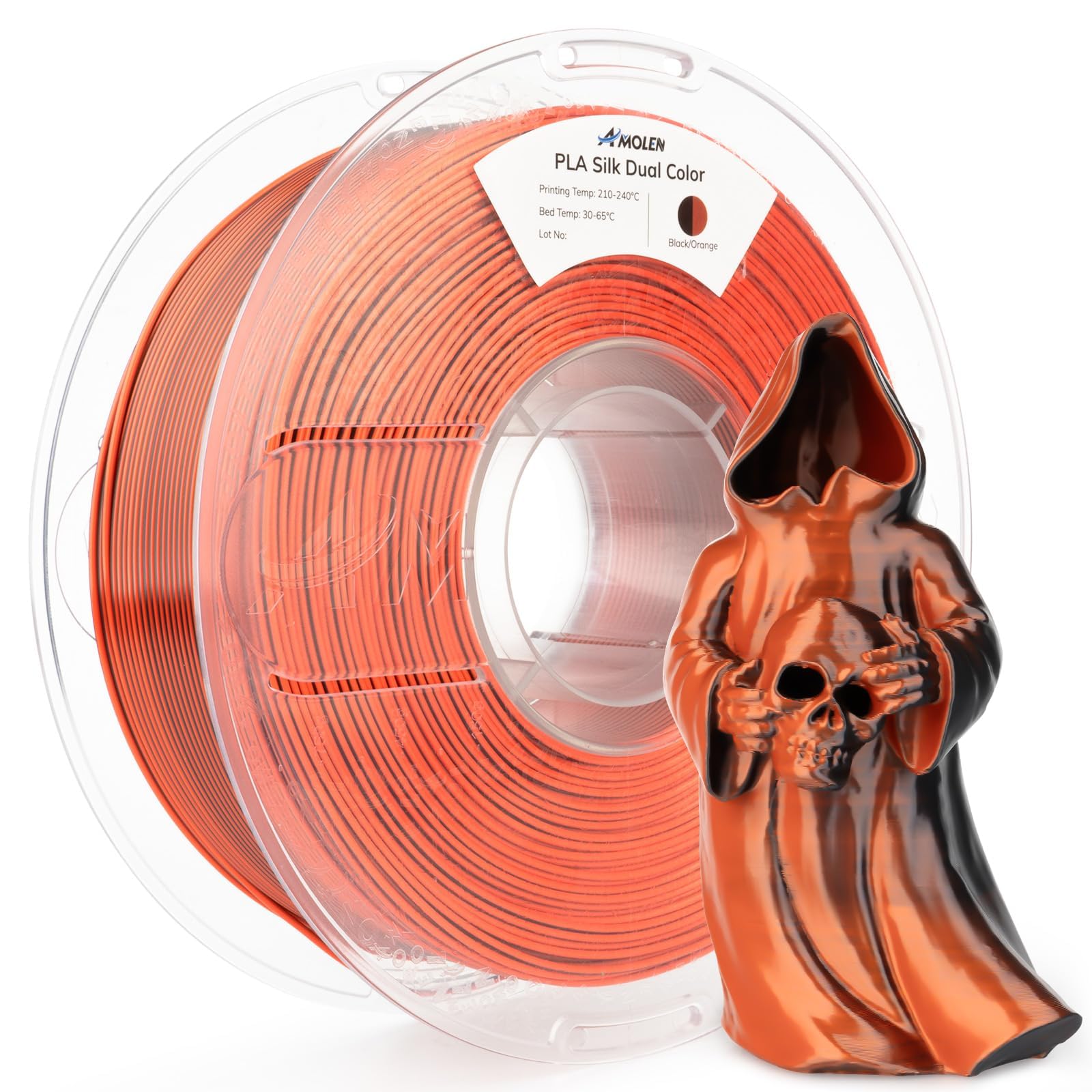 AMOLEN Silk PLA 3D Printer Filament, Dual Color Black Orange, 1.75mm, 1kg (2.2lbs), Polylactic Acid