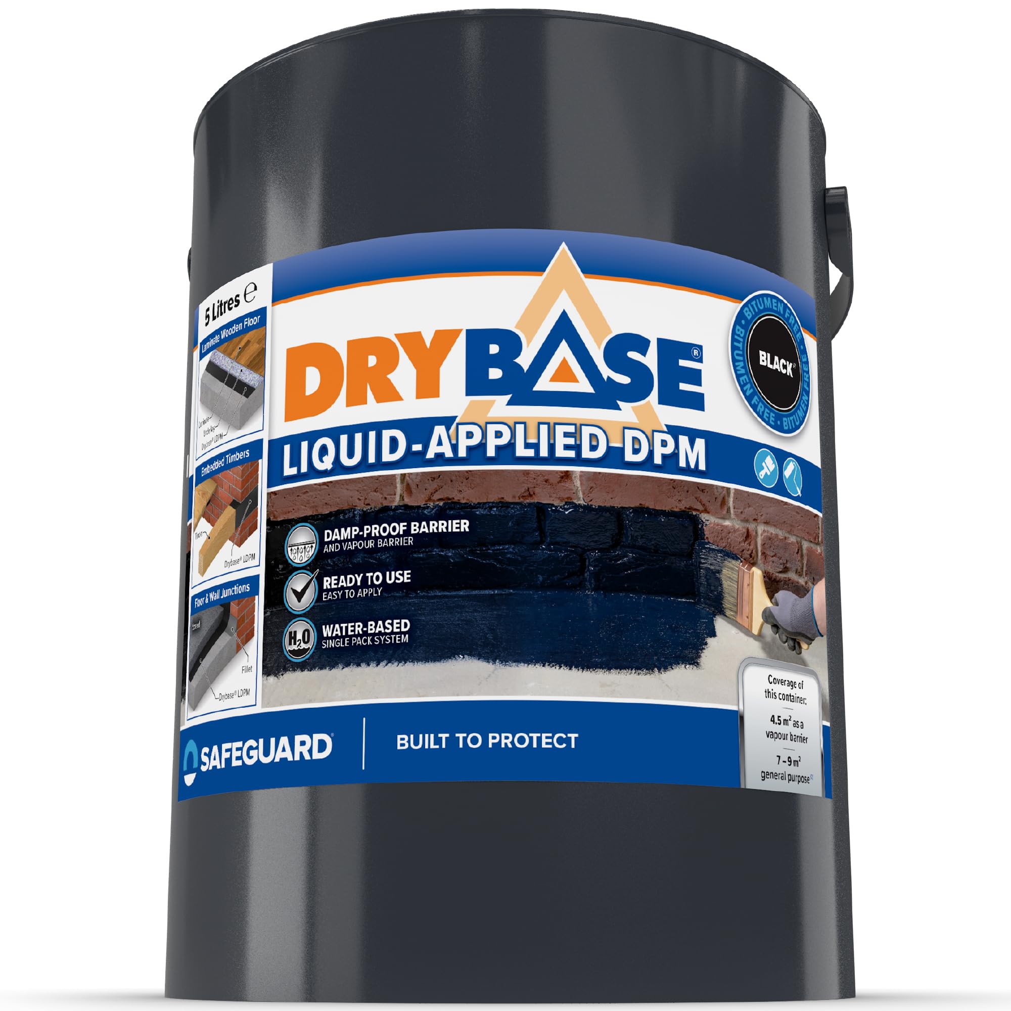 Drybase Liquid Damp Proof Membrane (5 Litre, Black) - Damp Proof Paint | Gas & Radon Barrier | Quick Drying | Flexible Waterproof Coating for Internal Walls & Floors