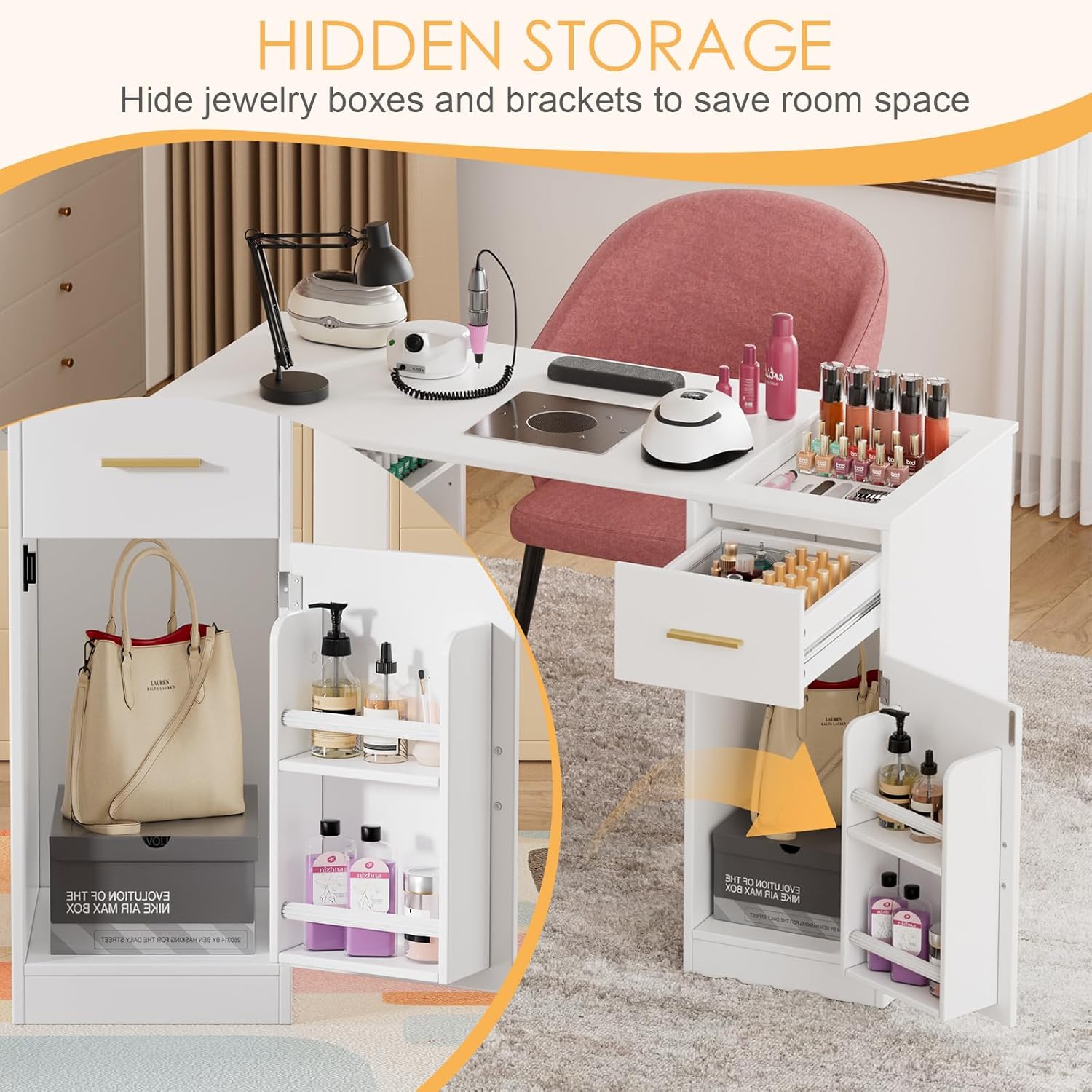 PAKASEPT Manicure Table Nail Desk for Nail Tech, Nail Desk w/Dust Collector, Nail Supplies Decor Workstation with 2 Dust Bags, Storage Drawers & Cabinets