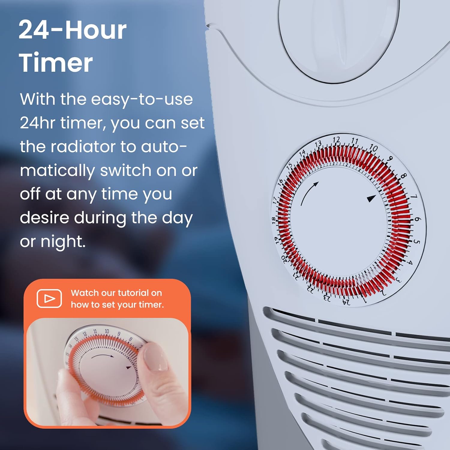Close-up image of the 24-hour mechanical timer on the heater, showing the segments being pushed in to set the schedule.