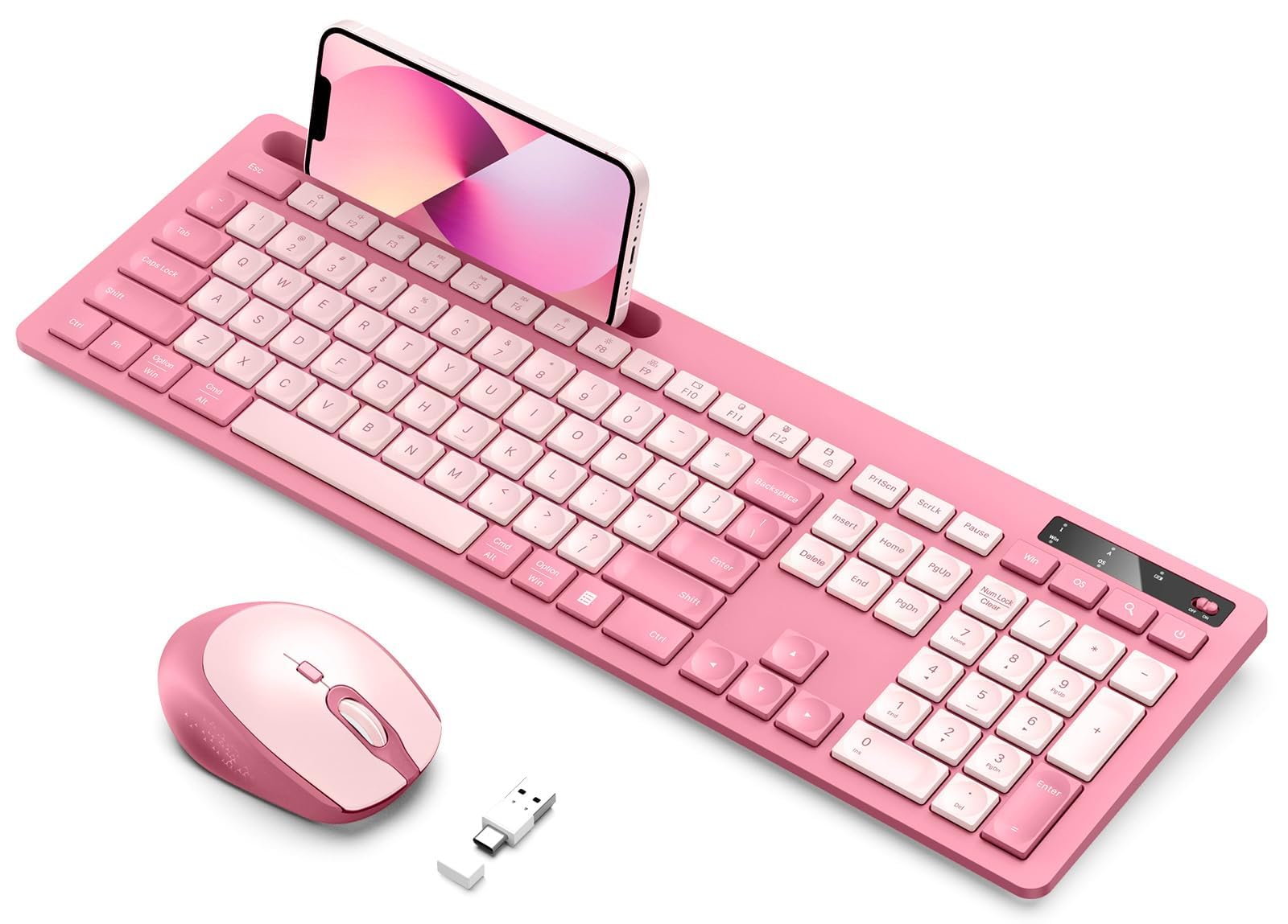 Wireless Keyboard and Mouse Combo Rose Pink, Vivefox USB A & Type C Cute Wireless Keyboard with Phone Holder, Compatible for Mac, MacBook/Air/Pro Windows Computer Heartbreaker Rose