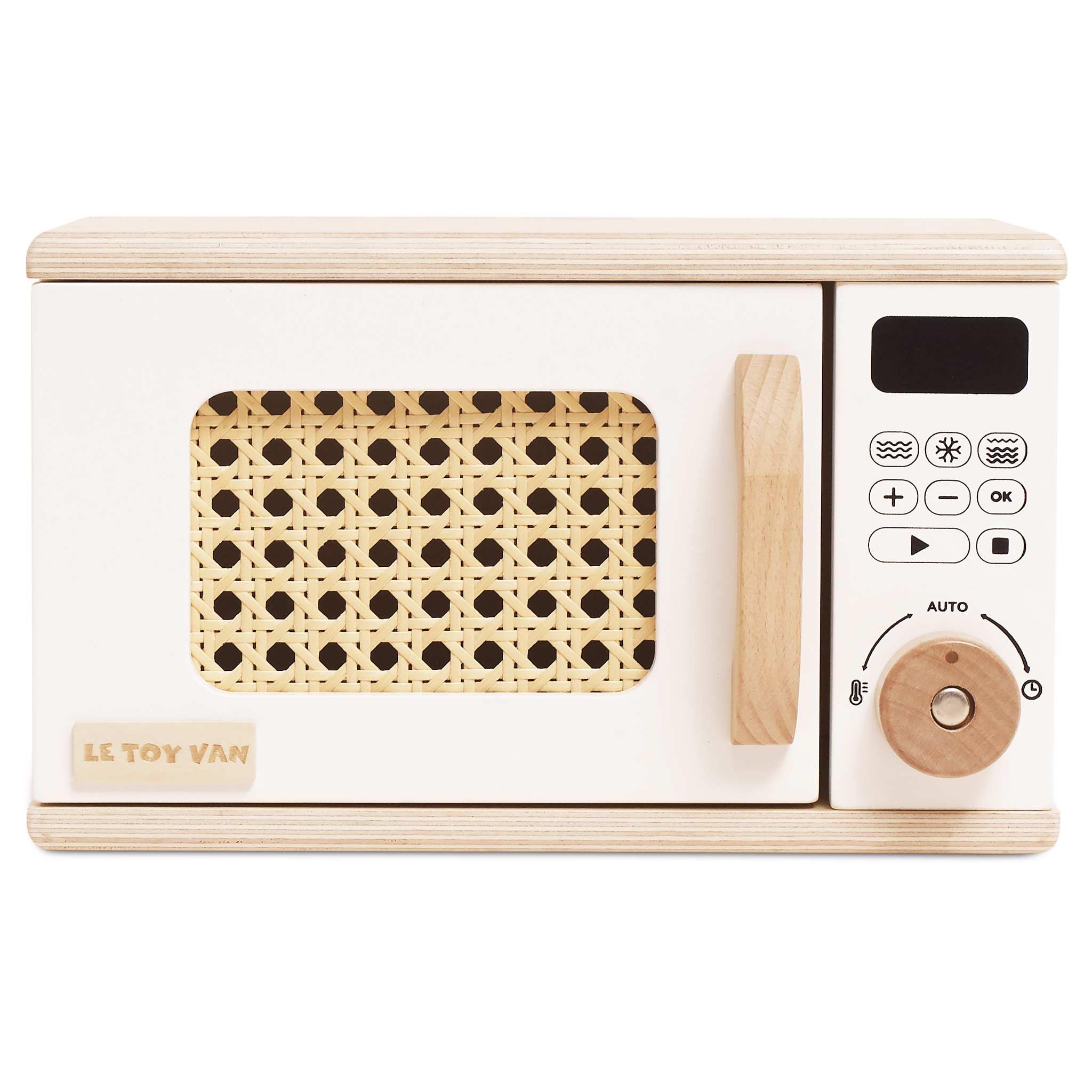 Le Toy Van Wooden Toy Microwave, FSC® Certified Sustainable Wood, Pretend Play Kitchen Appliance with Rattan Door