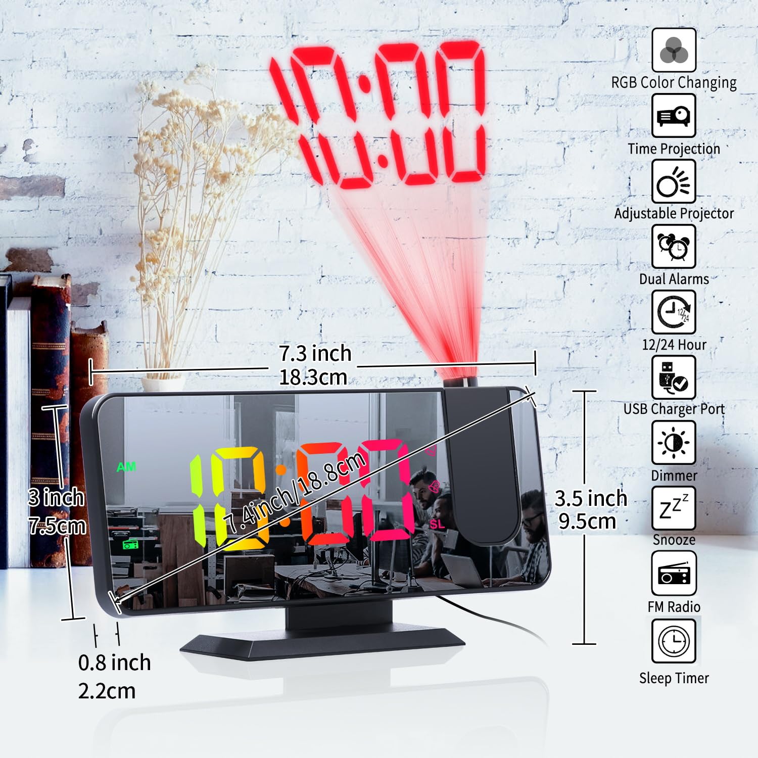 ThreeH Proiezione Sveglia RGB Radio Sveglia Sul Soffitto Proiettore Ruotabile A 180° Orologio Colorato Digitale Per Camera Da Letto Porta Di Ricarica USB Schermo A Specchio Nero