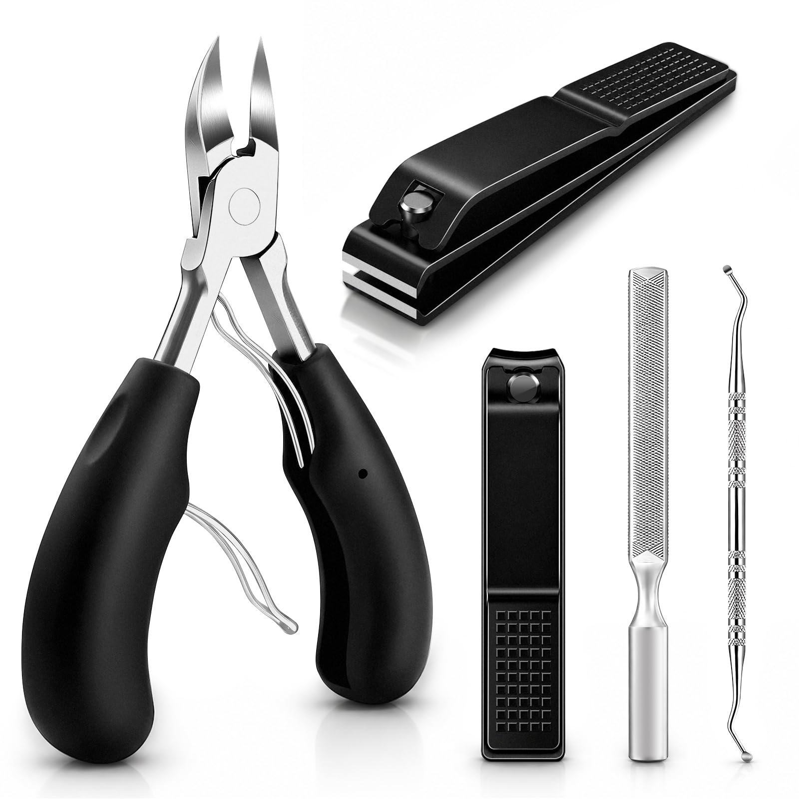 5PCS Toe Nail Clippers for Thick Nails for Seniors, Heavy Duty Ingrown Toenail Removal Kit with Ultra-Sharp Fingernail & Toenail Clippers, Nail File & Lifter, Professional Nail Clippers Set for Men
