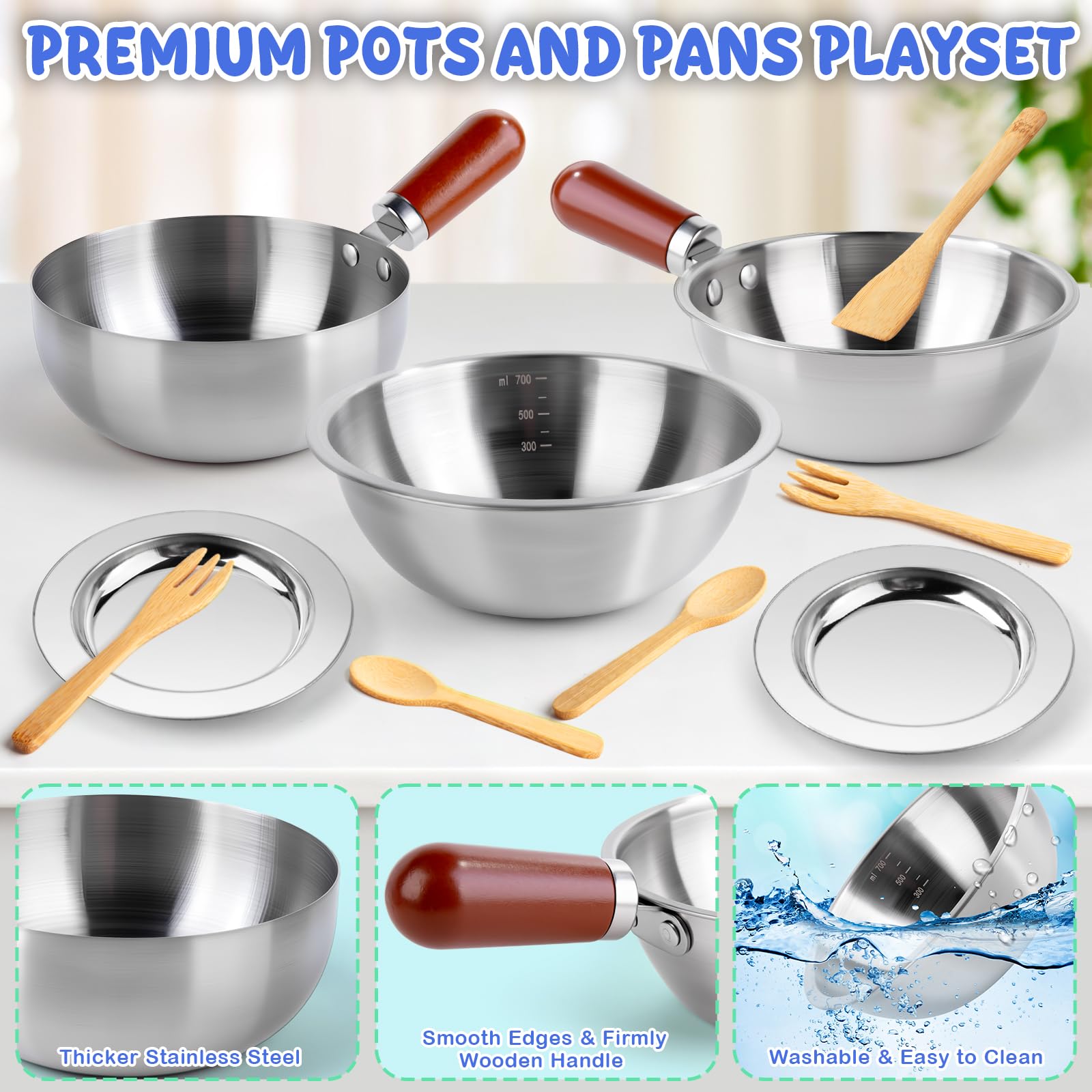 SEMKOTREE Cucina Giocattolo per Bambini, Accessori Cucina Bambini Legno Set Utensili Cucina, Insalatiera Pentole Acciaio Inox, Giochi Bambina Gioco Montessori, Regalo Bimba Bimbo 3 4 5 6 Anni