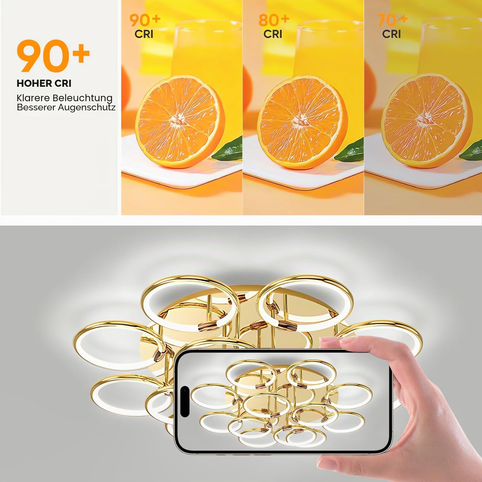 LED Deckenleuchte Modern Vergoldet Groß 12-Ring 125W Deckenbeleuchtung Dimmbare Deckenlampe mit Augenschutz Flackerfrei für Wohnzimmer Schlafzimmer (Vergoldet, 12-Ring)