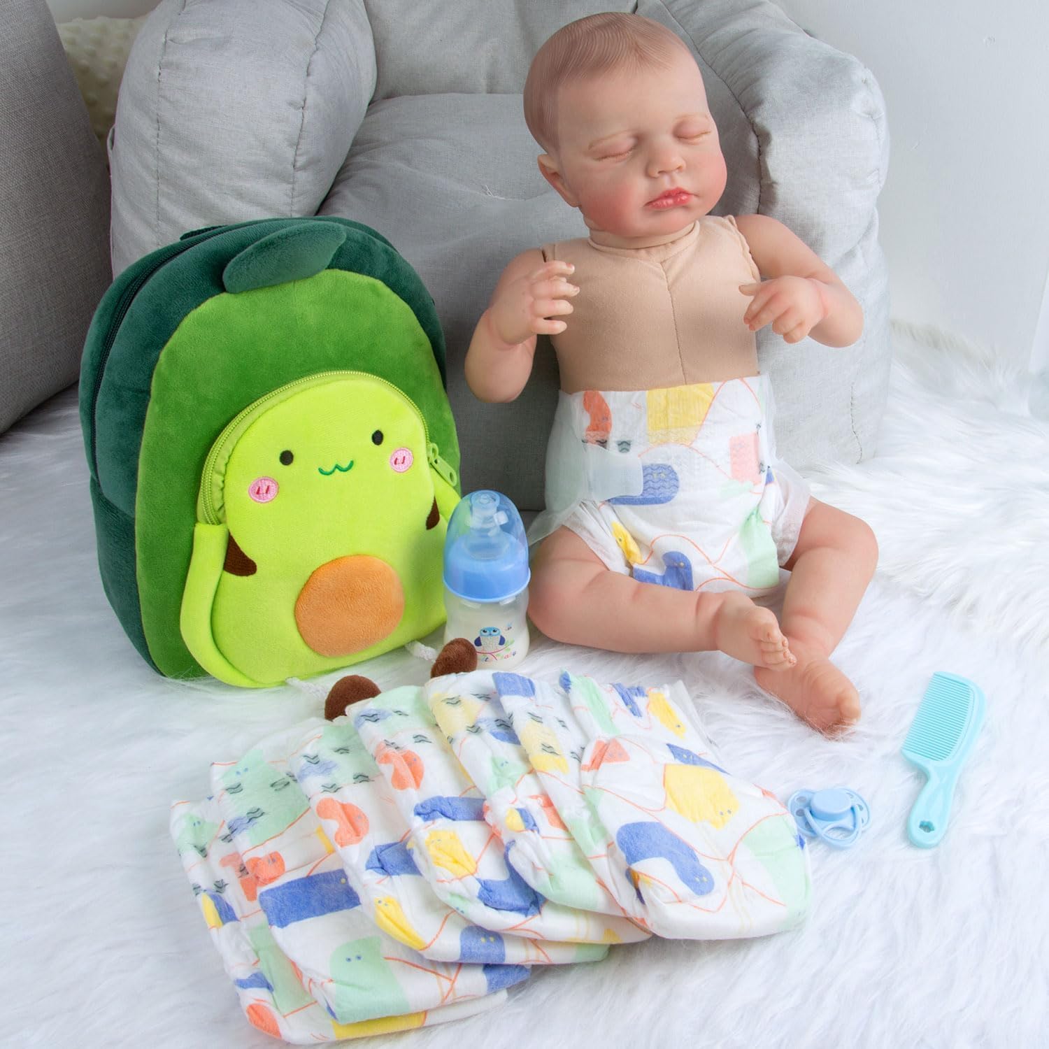 10 Pcs Reborn Baby Doll Diaper Bag Set Reborn Dolls Feeding and Caring Accessories Boy with Backpack&Diapers&Bottle&Magnetic Pacifier&Comb Newborn Baby Gift
