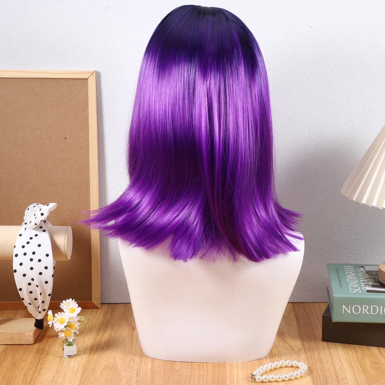 Lurrose Parrucche sintetiche colorate corte ad alta temperatura da donna in pizzo sfumato dritto Bob Cosplay parrucca capelli umani Cap viola