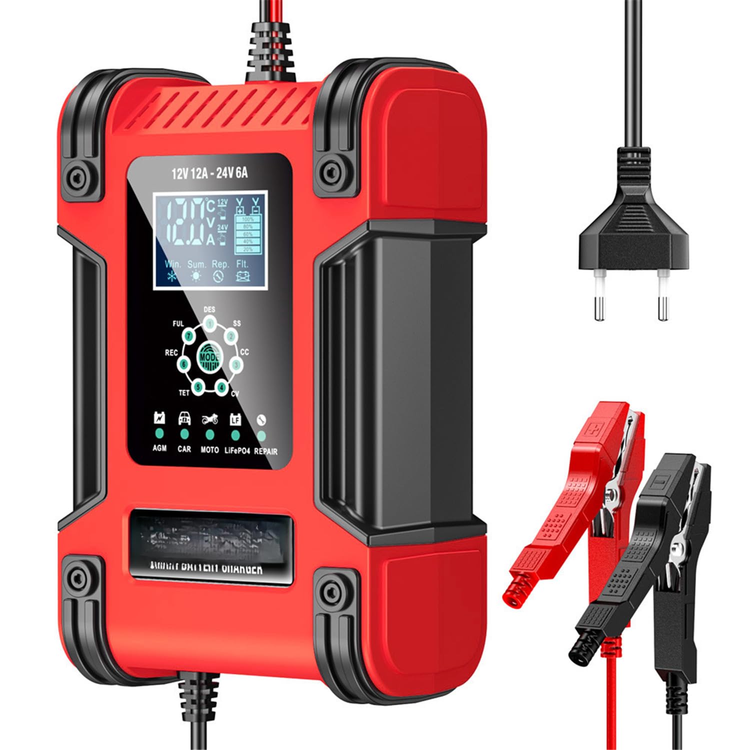 Cargador de batería 7 etapas con botón Pantalla Digital Grande protección múltiple y Modo reparación 100-240V para Coche SUV RV Motocicleta camión yate