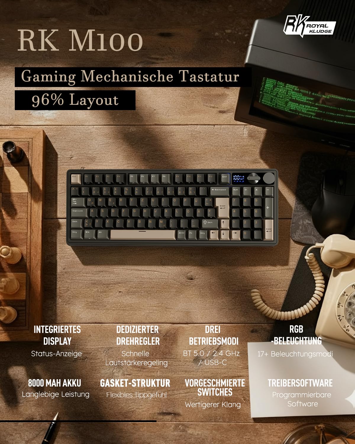 RK ROYAL KLUDGE M100 Mechanische Tastatur Kabellos 96% Gasket Gaming Tastatur QWERTZ mit Nummernblock BT/2.4Ghz/USB-C RGB 8000mAh Hot Swap Creamy Switches Schwarz