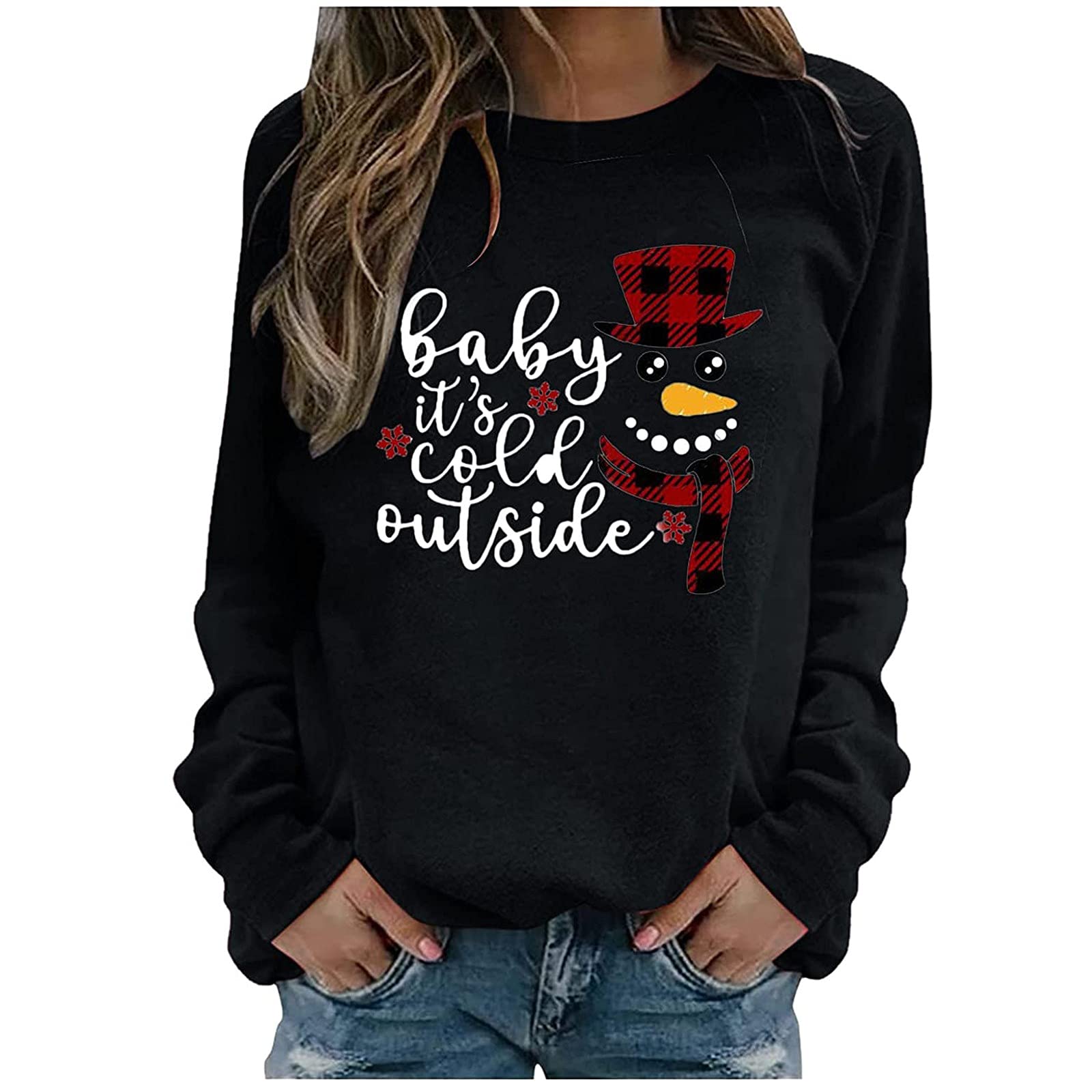 It's Cold Outside Christmas Sweashirt for Women Fashion Winter Oversized Loose Shirts Blouse Crew Neck Pullover