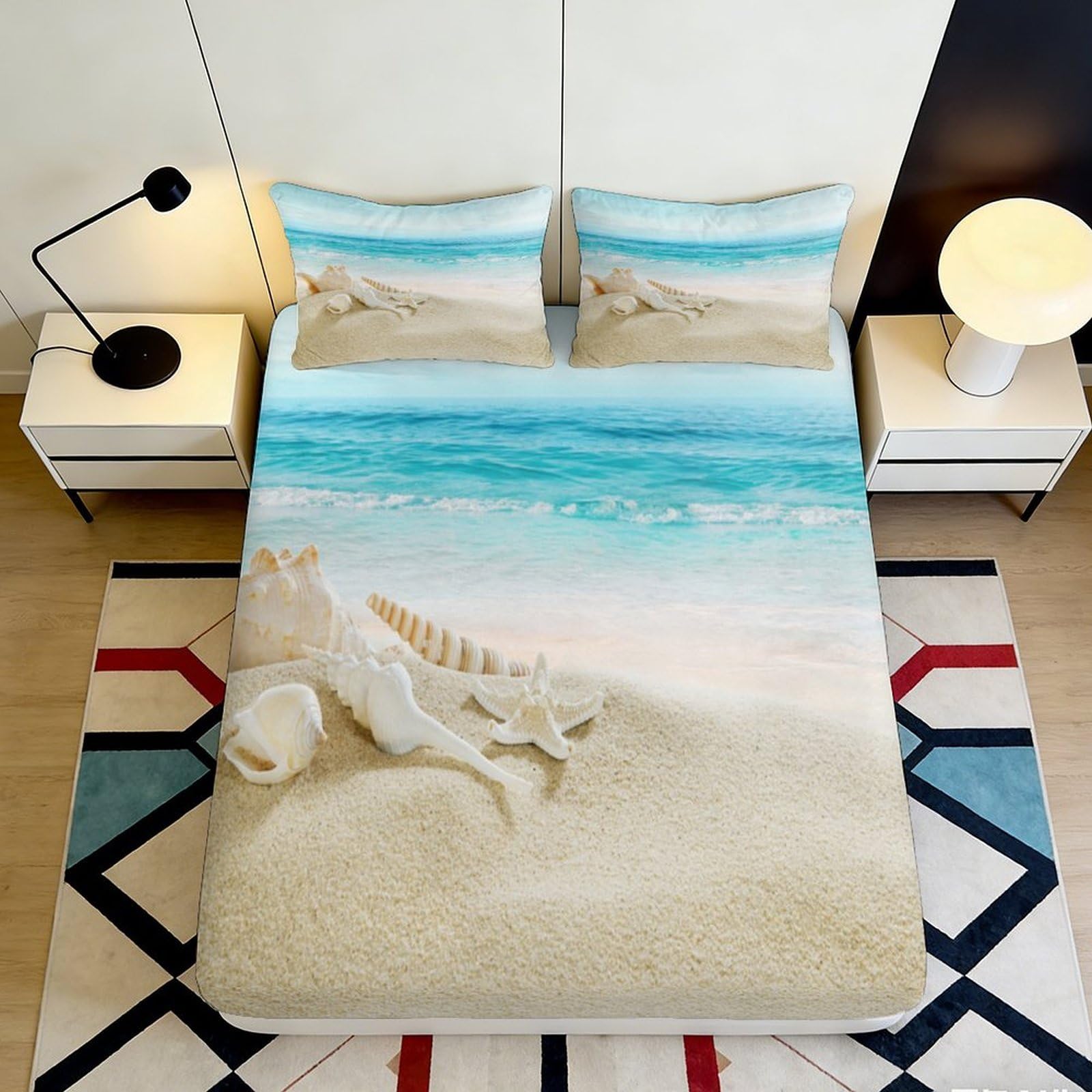 Pnayamiorkfel Style-7 3D Printed Beach Seashell Fitted Sheet Microfiber Soft Sand Ocean Mattress Cover For Bedroom Guest Room Decor 90X200x25cm