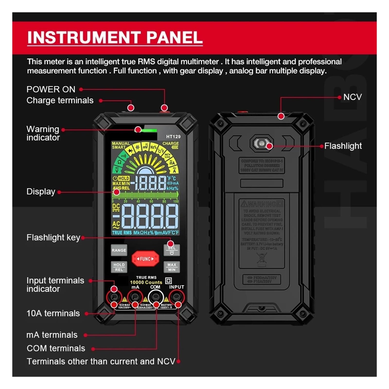 9999 Zliczeń Inteligentny Multimetr Cyfrowy Z Możliwością Ładowania True 1000V 10A DC AC Napięcie Prądu Multimetro Kolorowy Wyświetlacz LCD Multitester Szybko Dokładnie Łatwy Odczyt