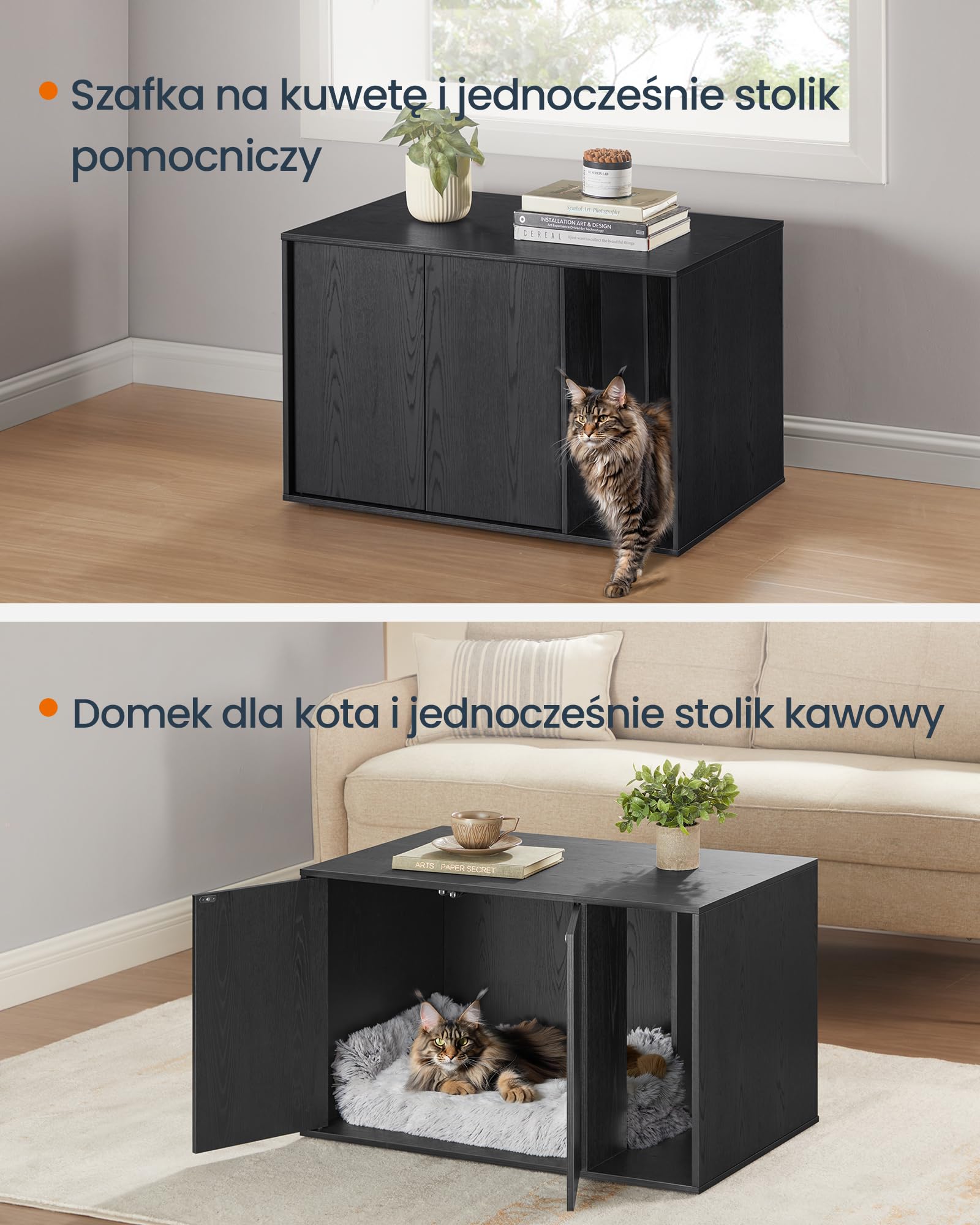 SONGMICS HOME Szafka na kuwety dla kota, ultraszybki montaż bez użycia narzędzi, ociekacz dla dużych kotów, drzwi otwierane ciśnieniowo, stół, minimalistyczny, nowoczesny, czarny drewno PCL013B03